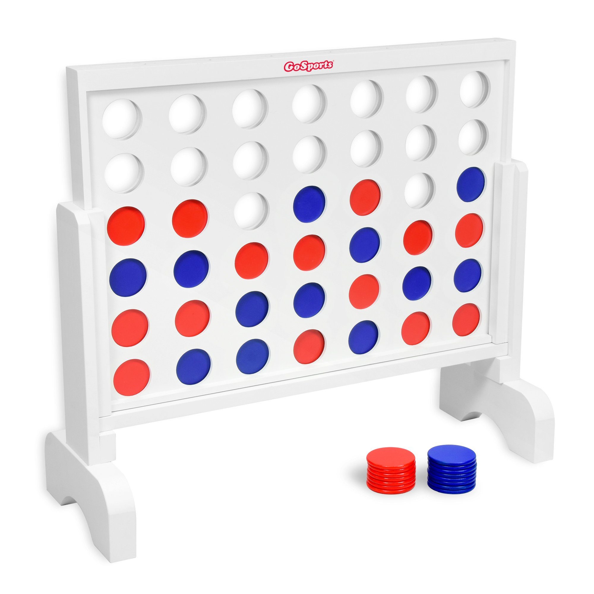 a white and red connect board with four blue circles
