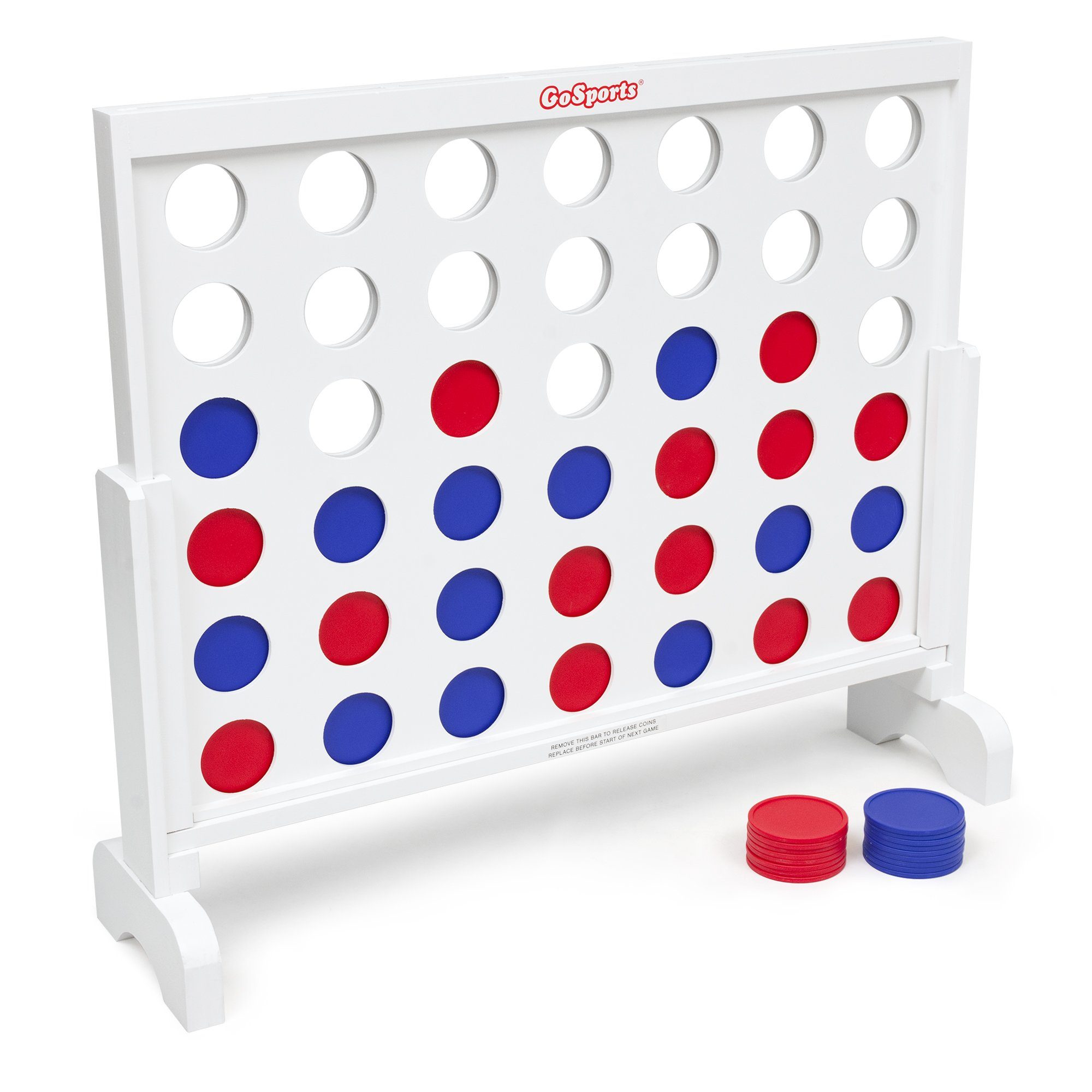 a white and red connect connect board with four blue circles