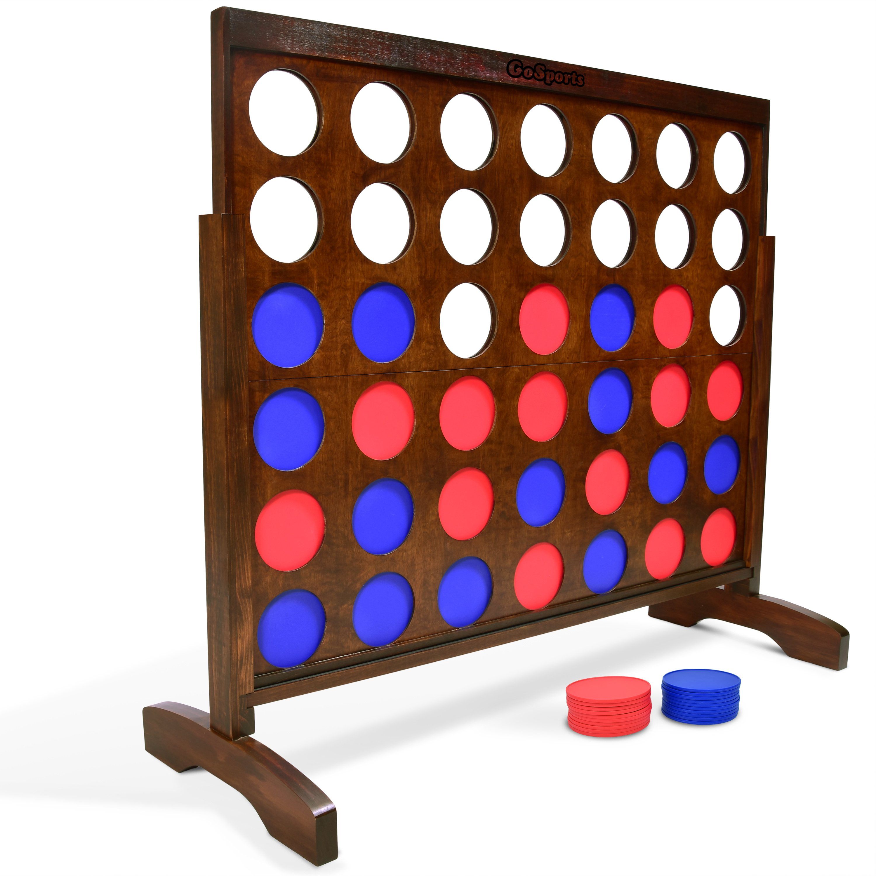 a wooden board with four red and blue circles