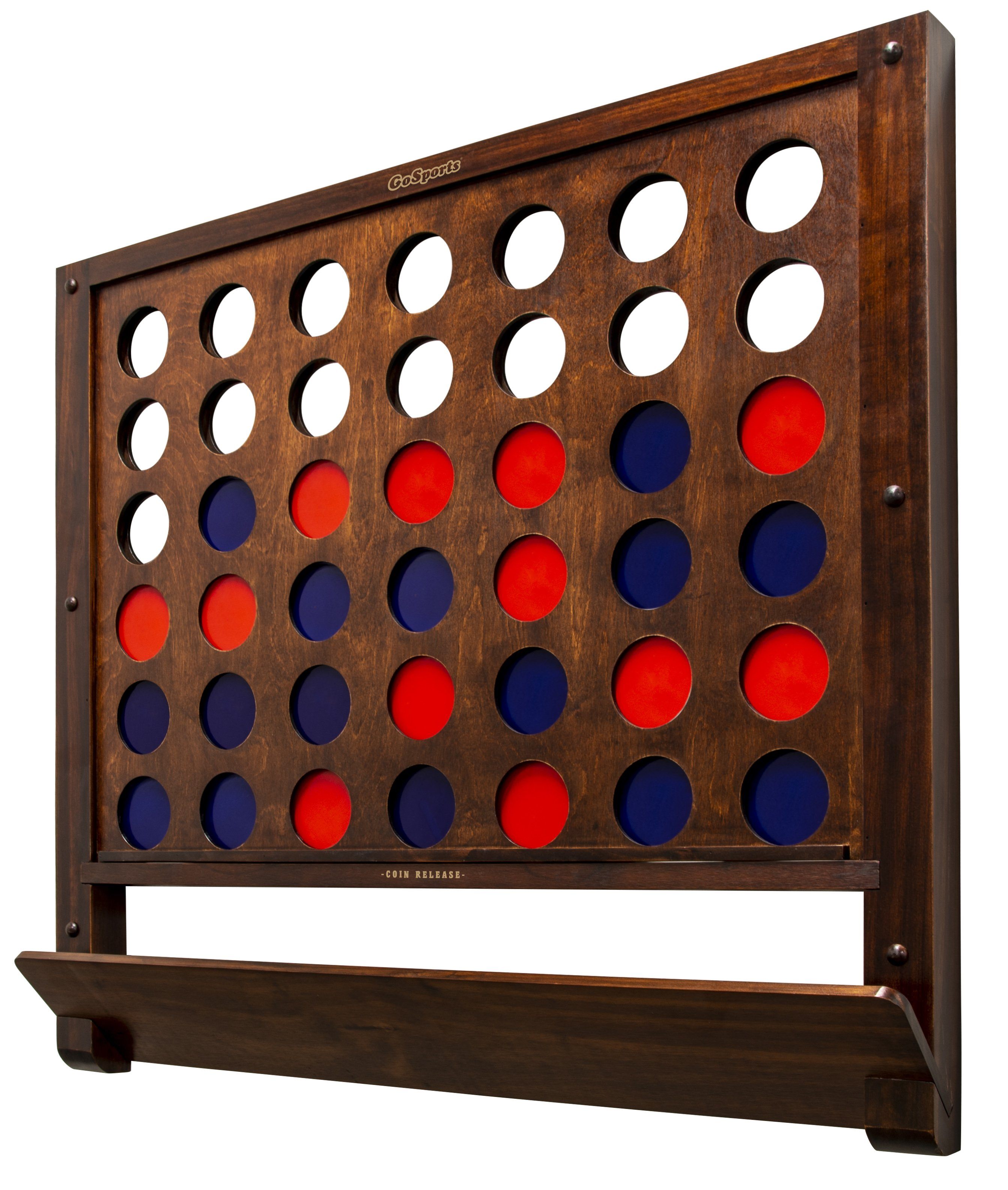a wooden board with red, blue and white circles