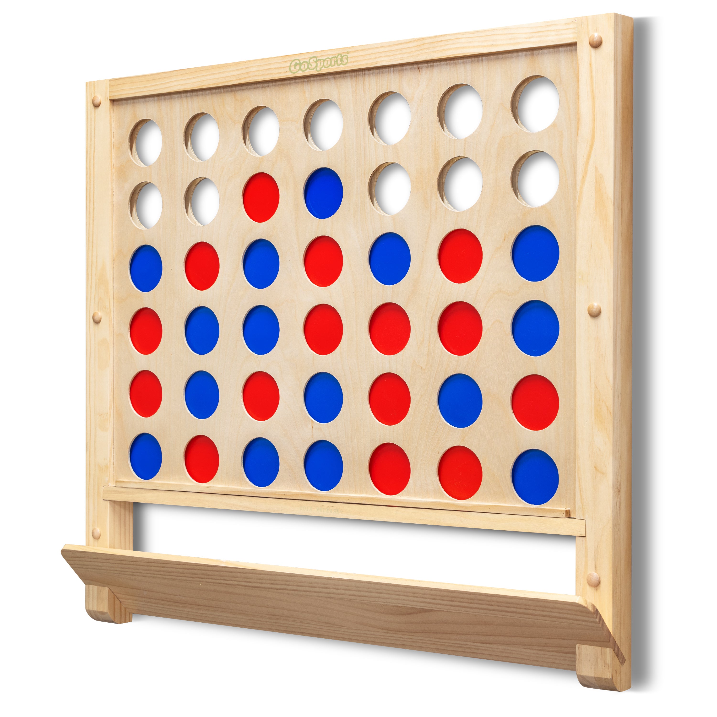 a wooden connect board with red, white and blue circles