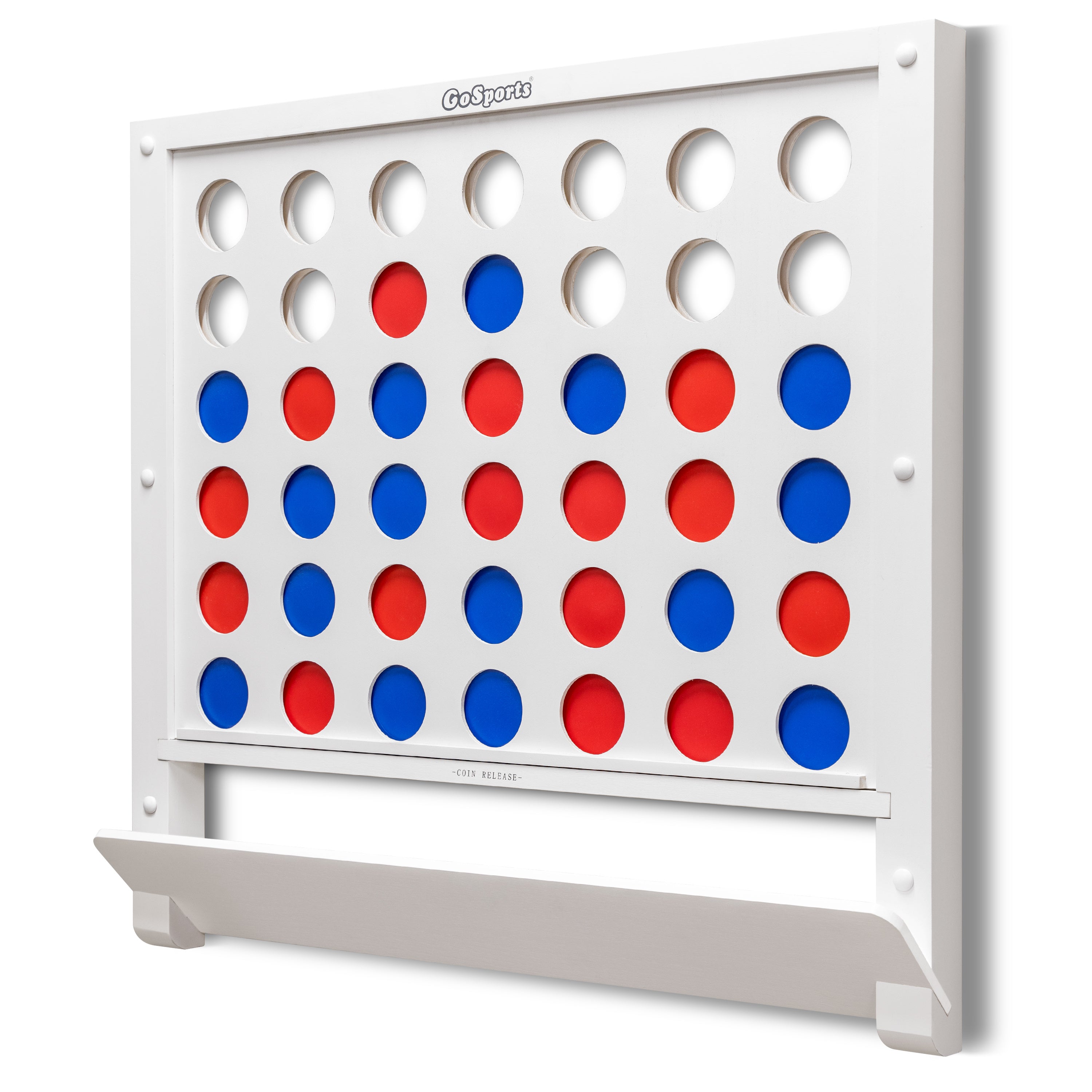 a white and red dot board with blue circles