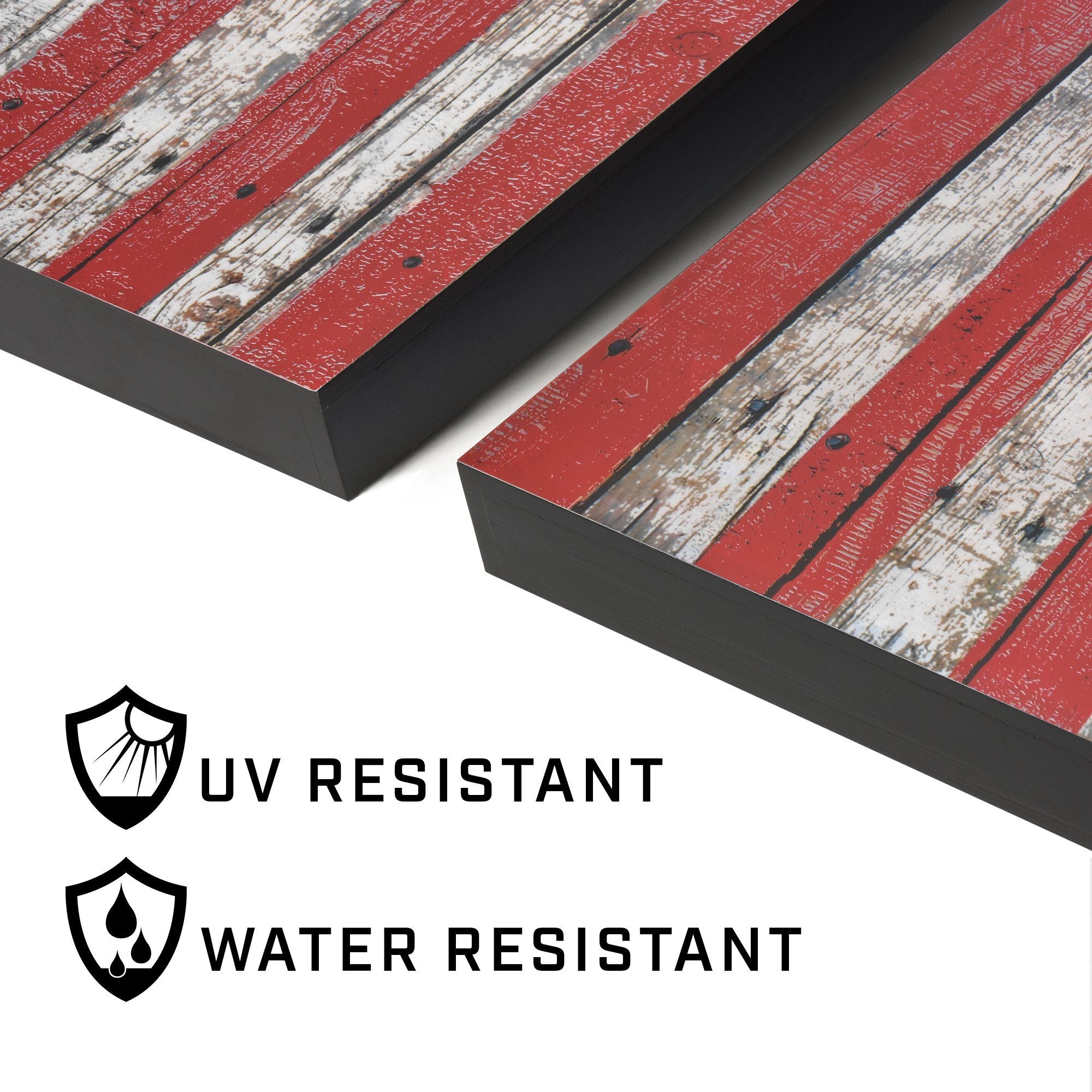 two red and white wood planks with the words, ' urban water resistant '
