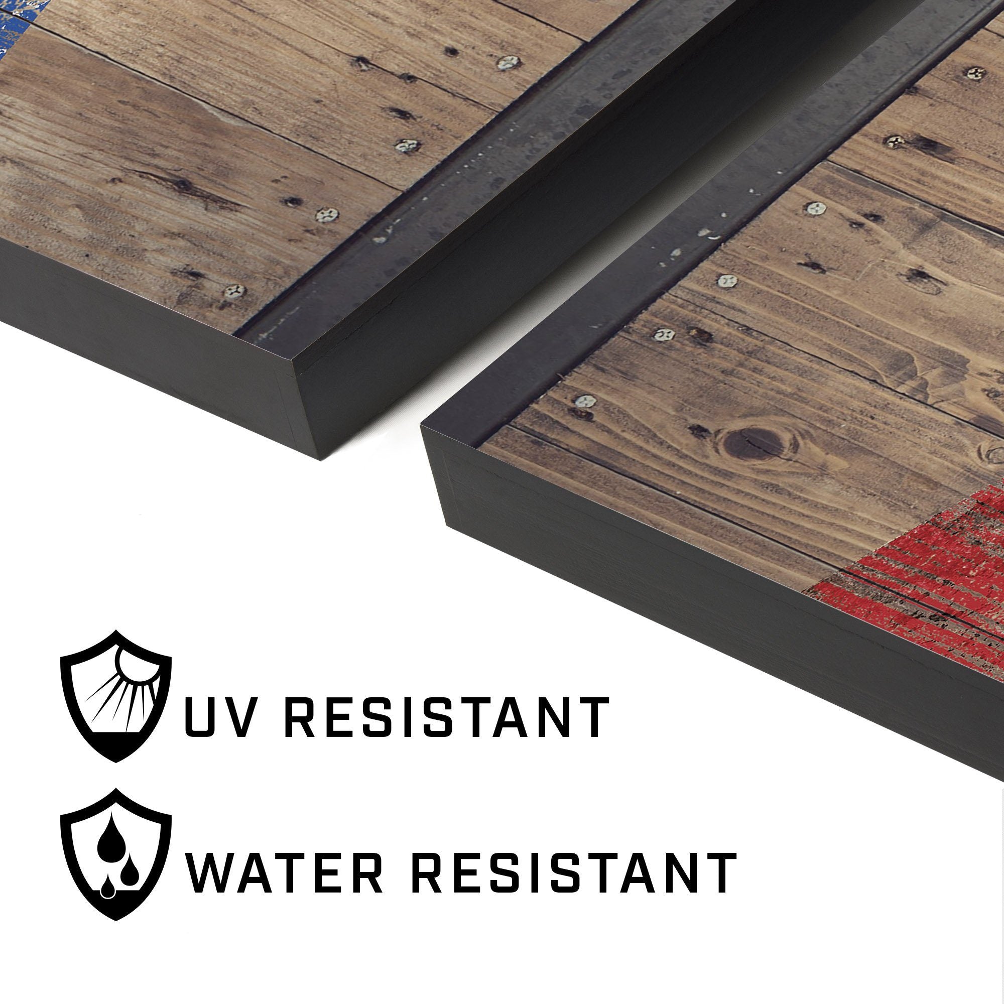 a pair of wooden tables with the words, ' urban water resistant '