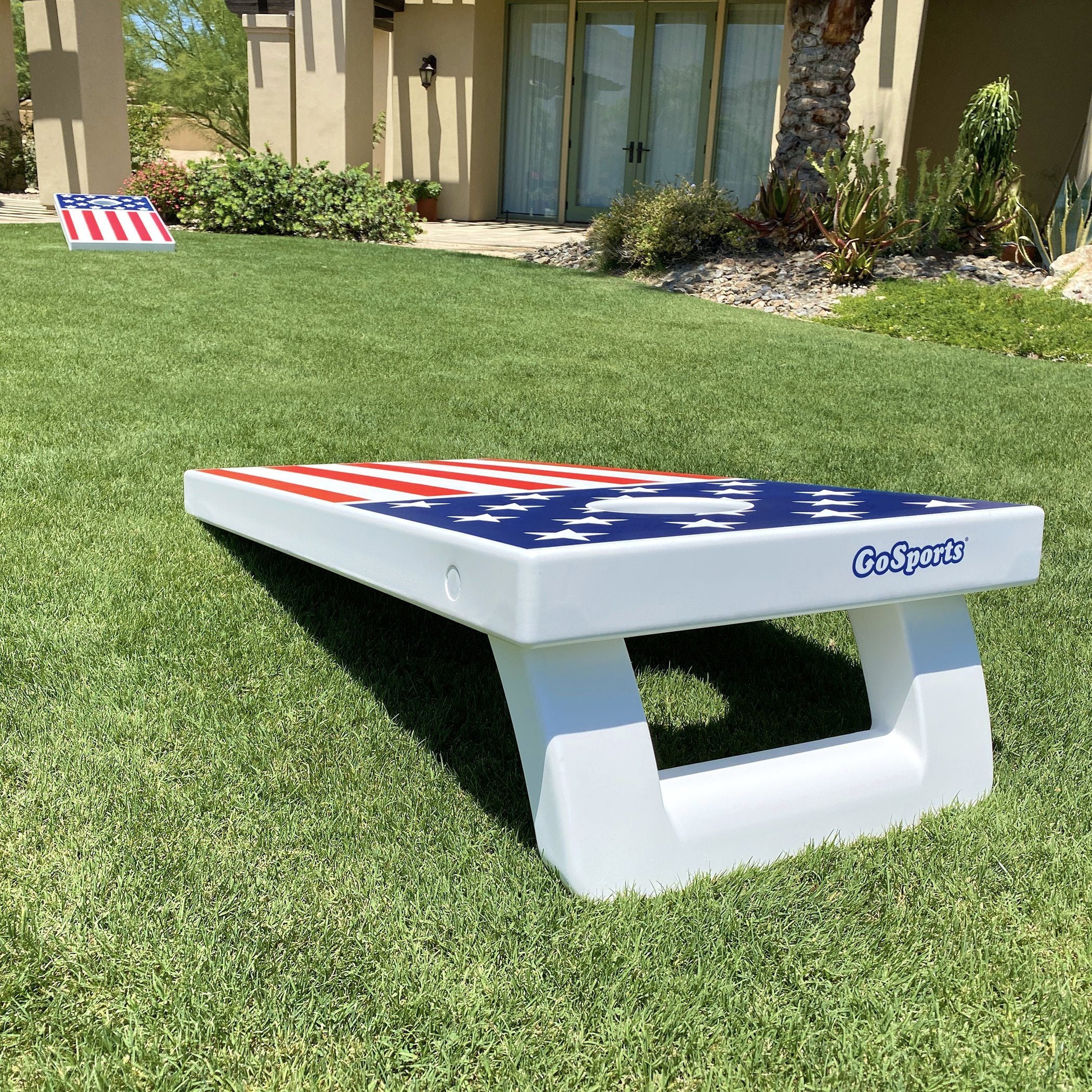 a white and blue plastic bench