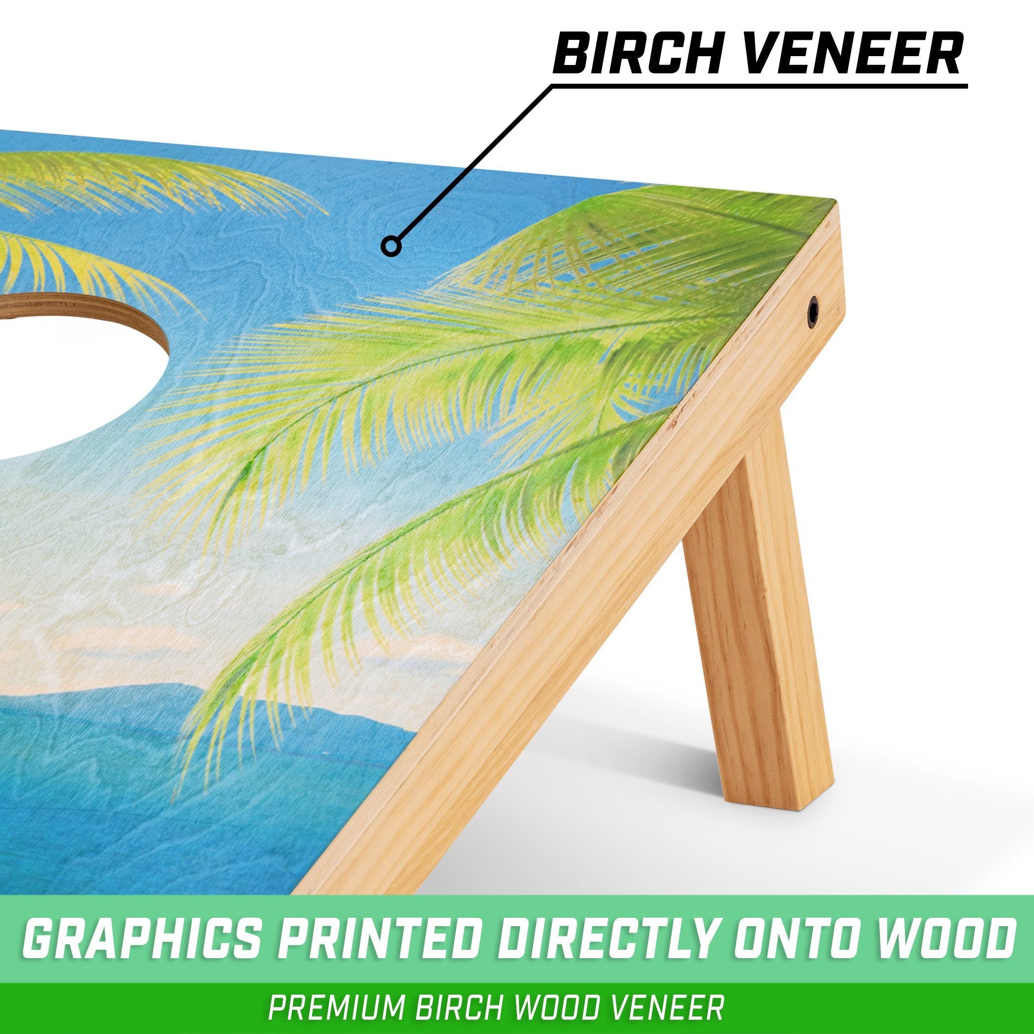a wooden table with a palm tree painted on it