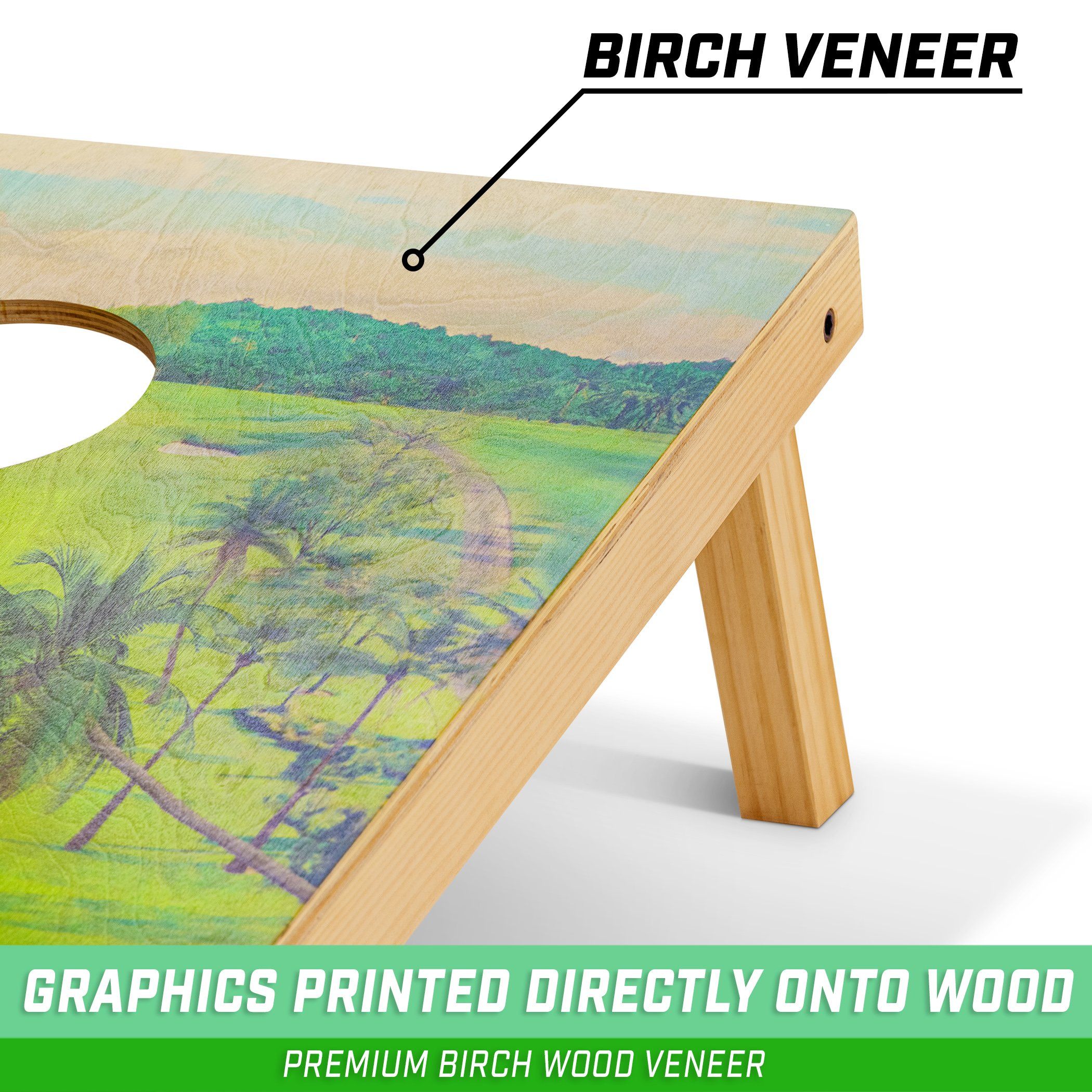 a wooden table with a green and yellow painting on it