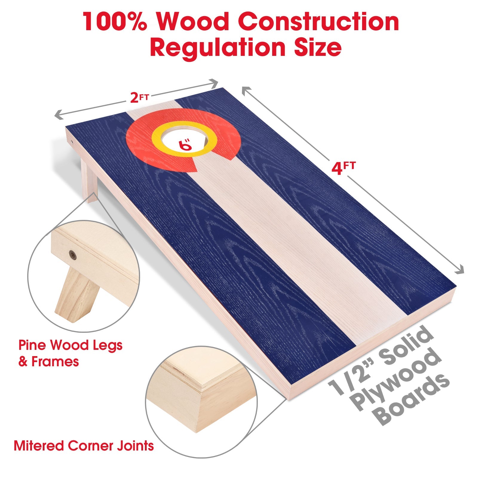 a wooden cornhole with a red and yellow circle on the top