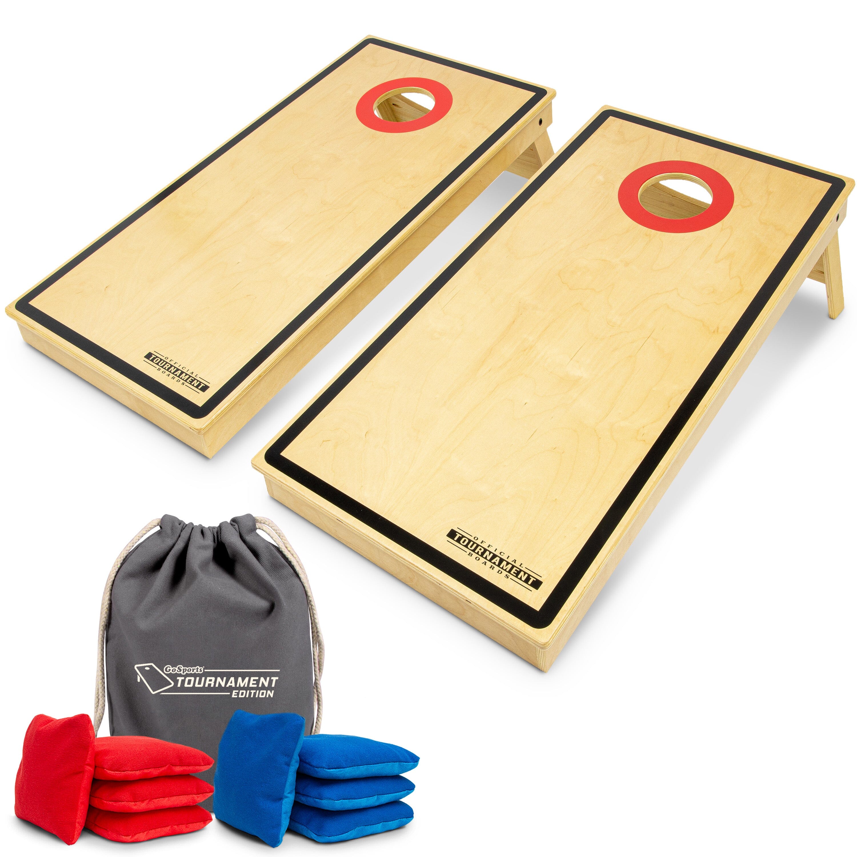 Two cornhole boards gray bag four red and blue bean bags