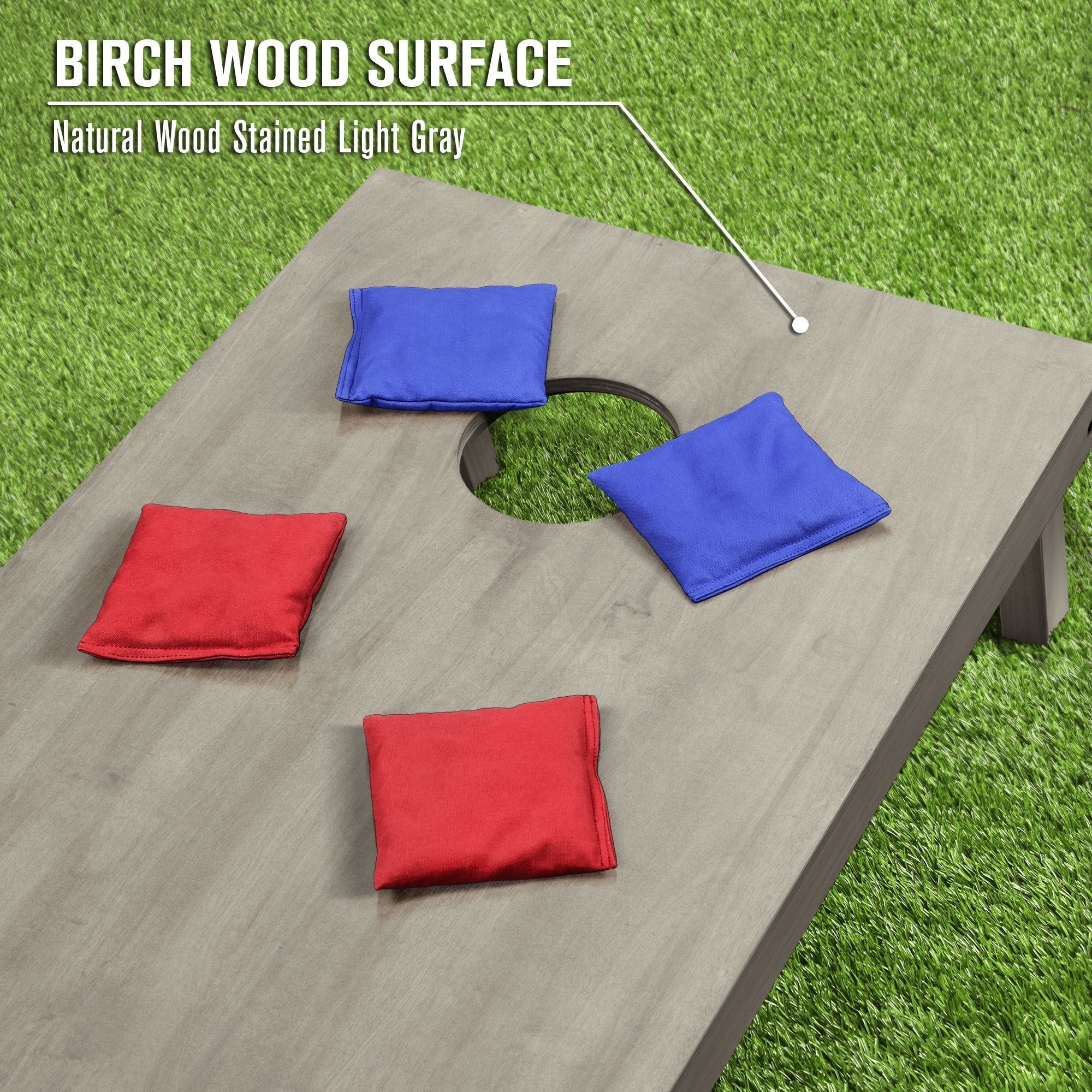 a wooden corno game set with red and blue cloths