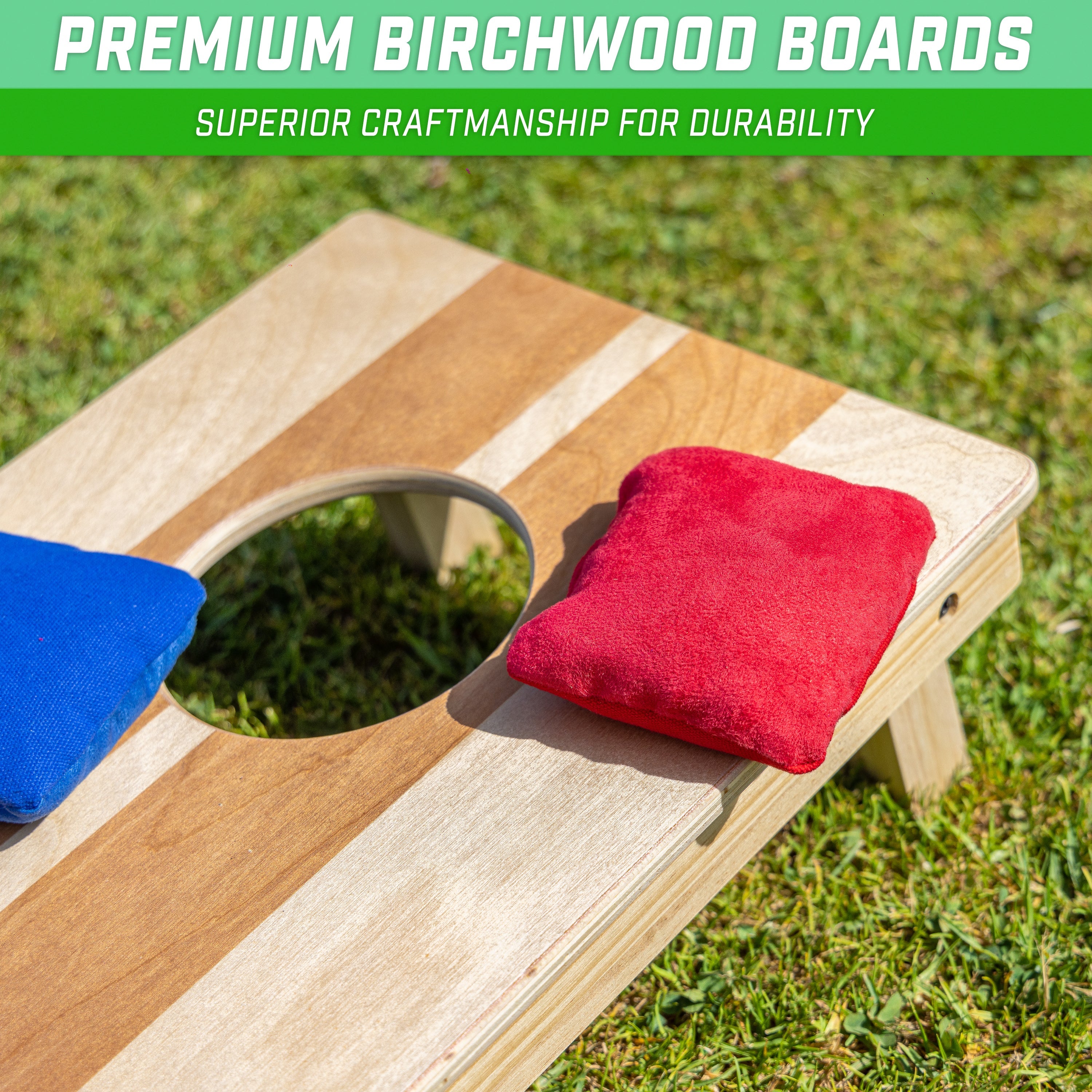 a wooden board with two red and blue bean bags