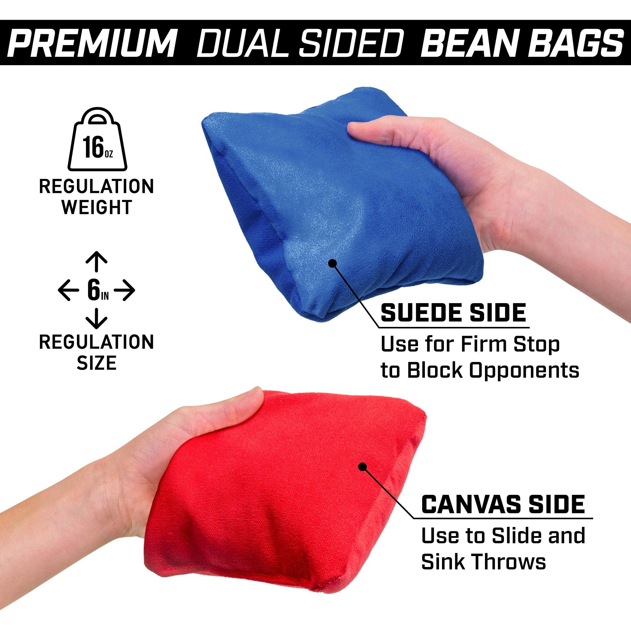Premium dual sided bean bags 16 oz 6 inches suede side canvas side red and blue bean bags