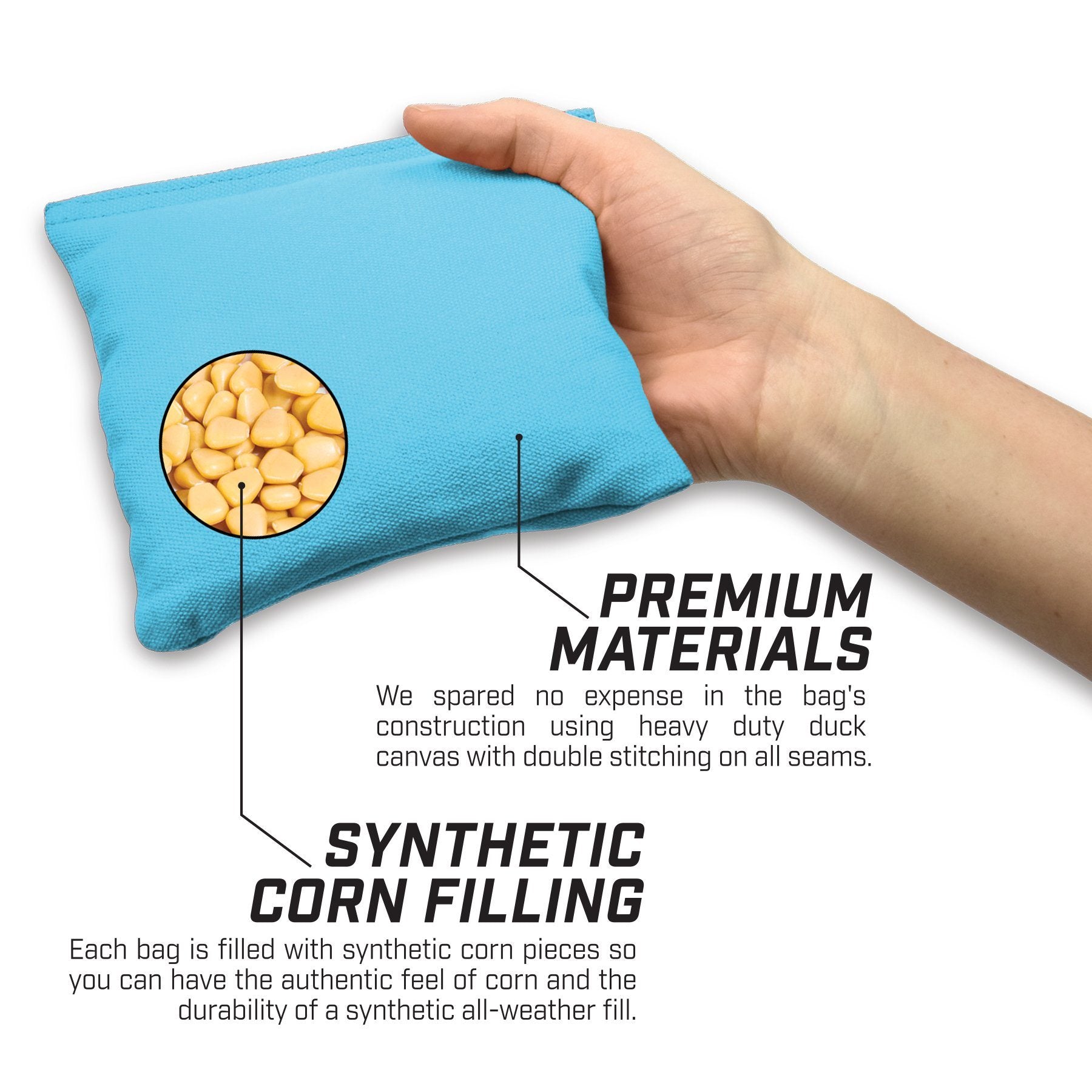 a hand holding a blue pouch filled with dry food