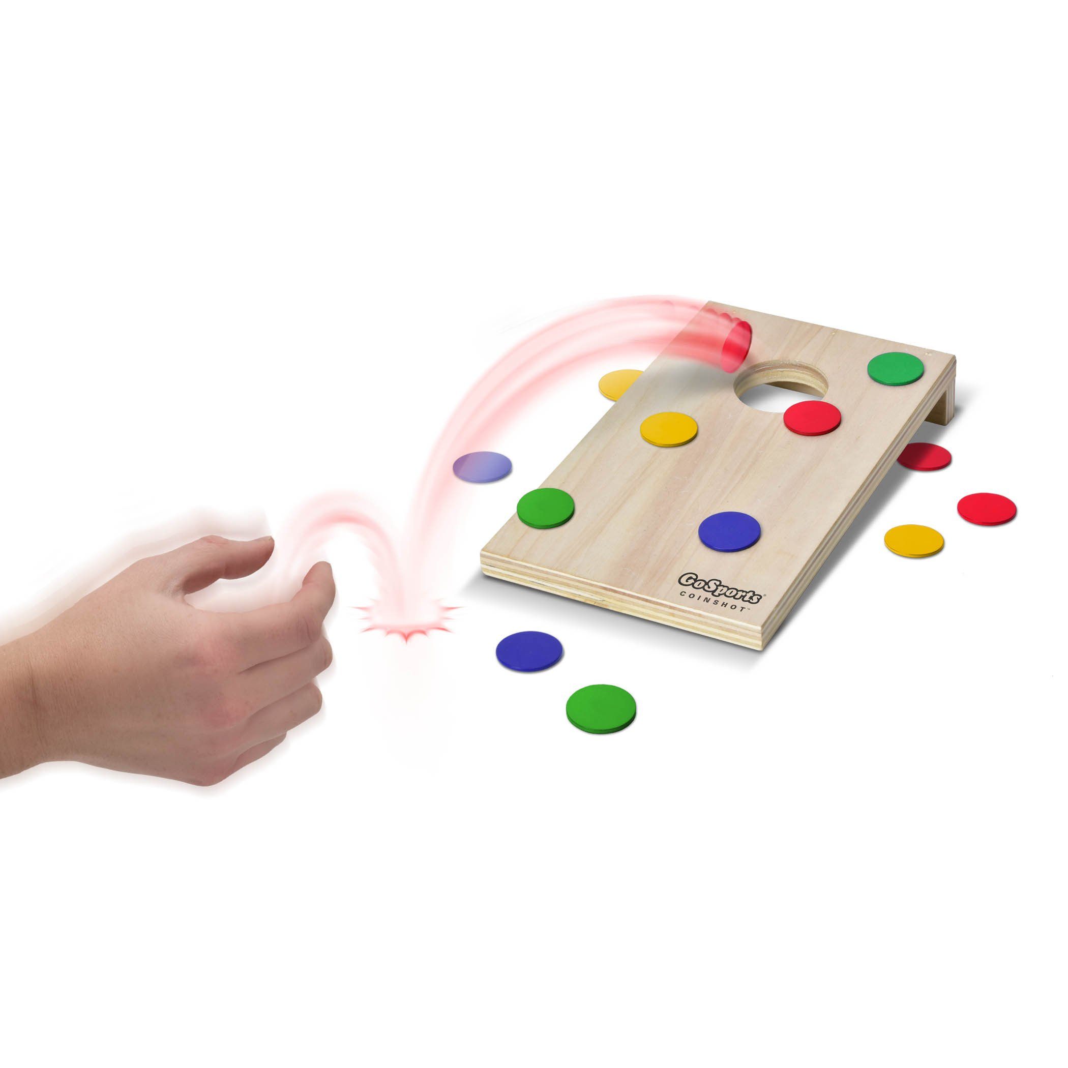 a hand is throwing a wooden board with colorful circles