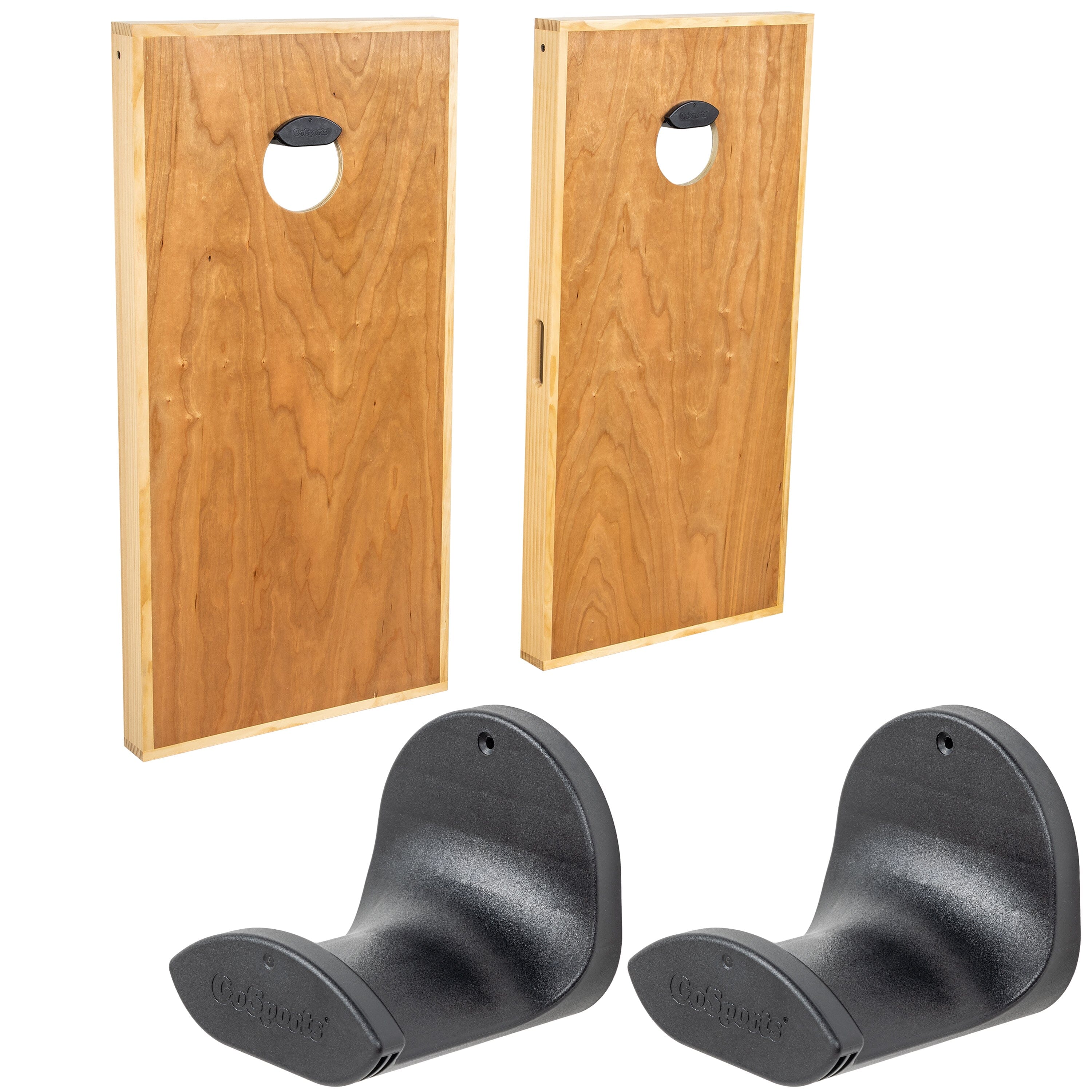 a pair of wooden door handles and a pair of black plastic door handles