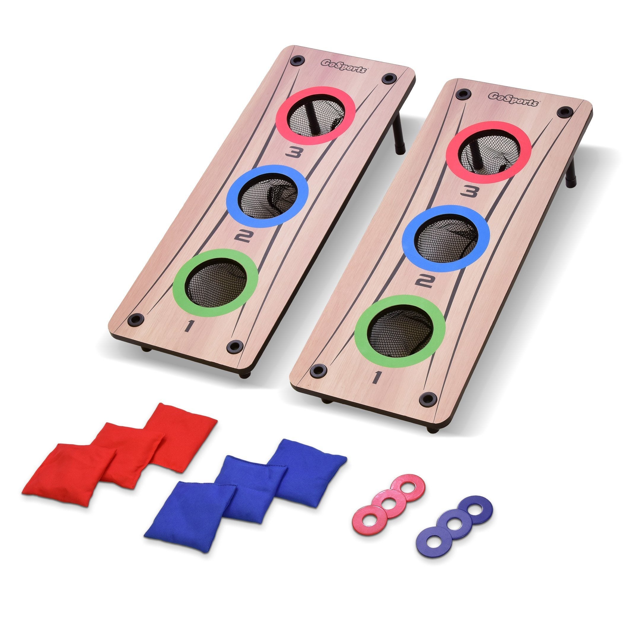 two wooden shuffles with a pair of red and blue dices