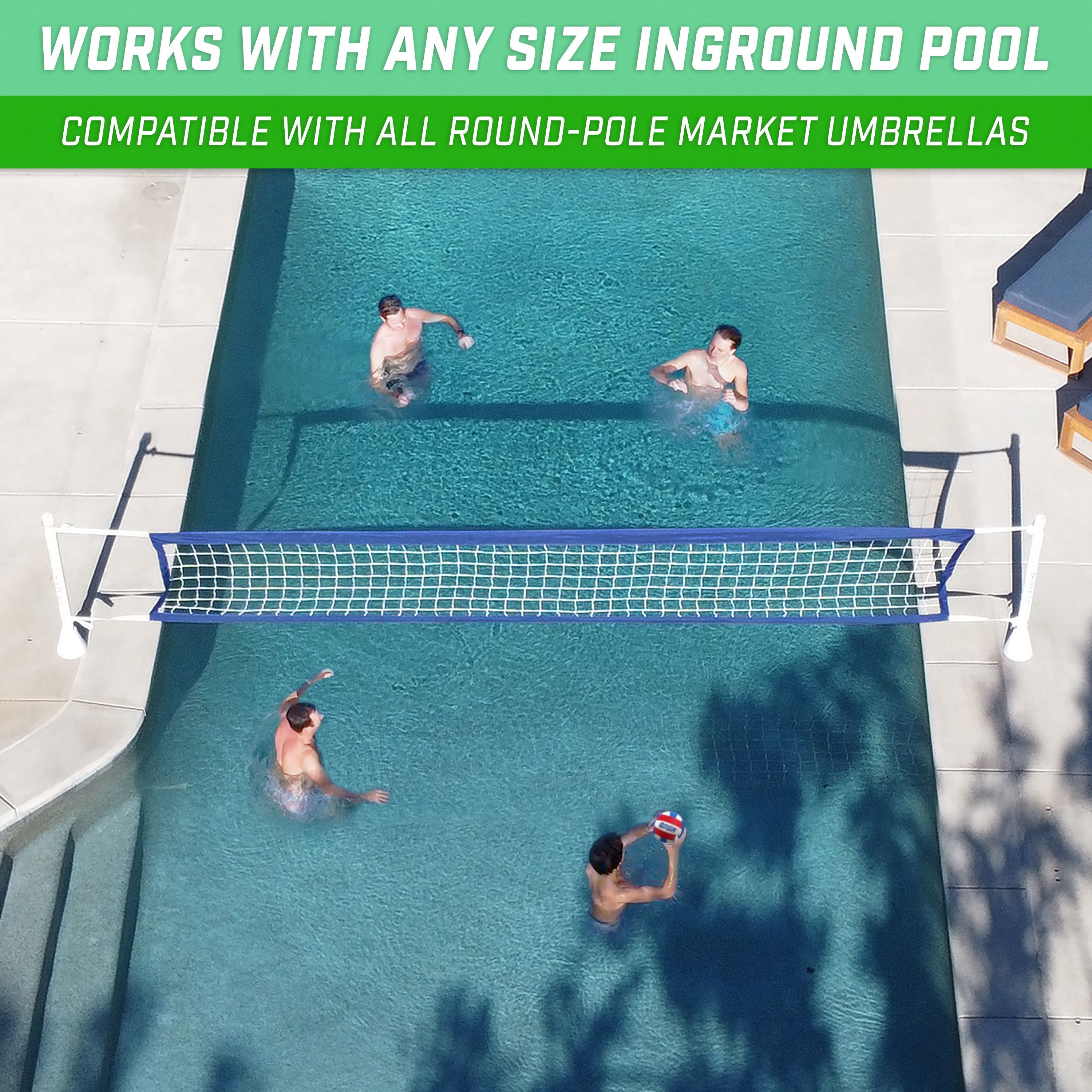 two people playing volleyball in a pool with the words, works with any ground pool