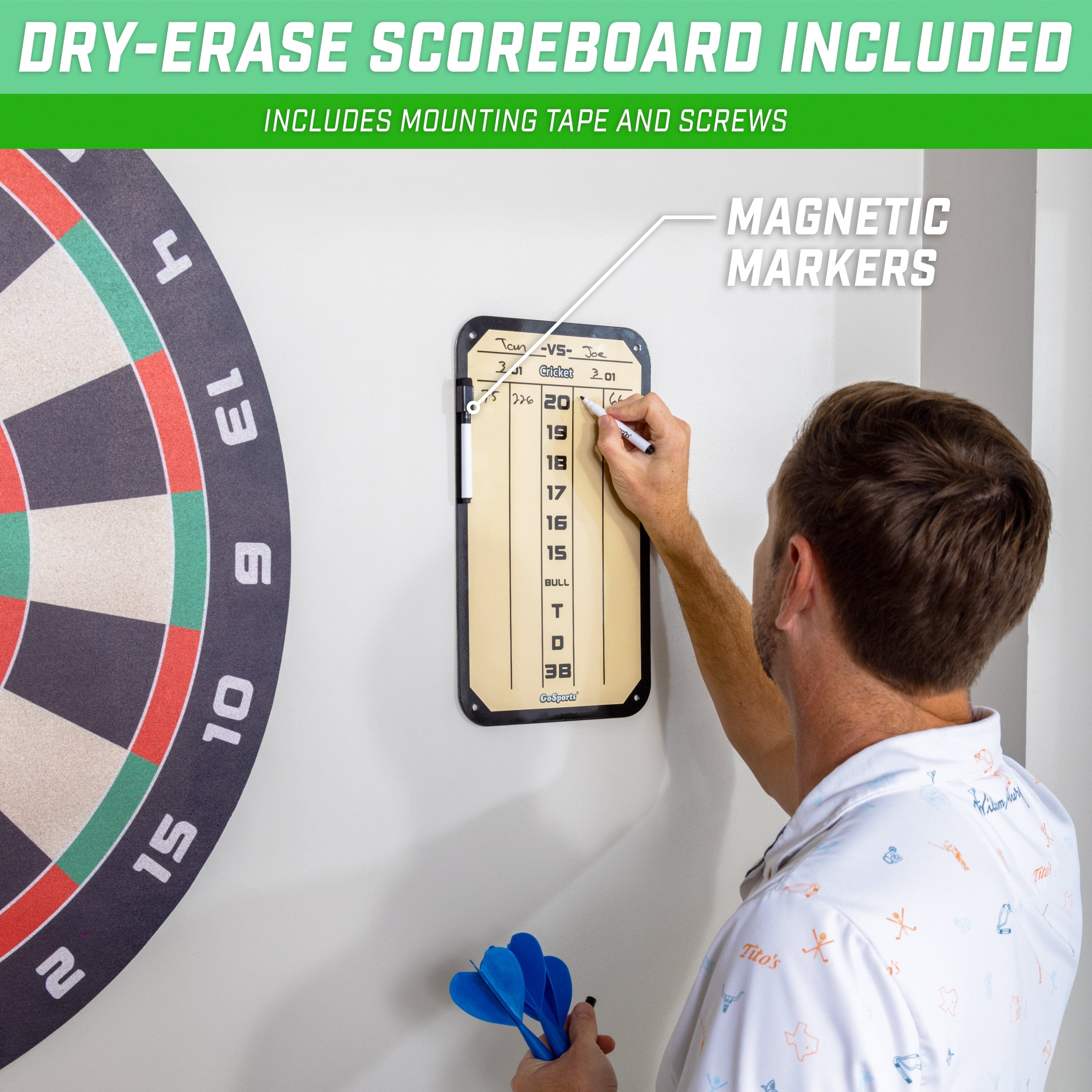 a man is setting up a dart on a dart board