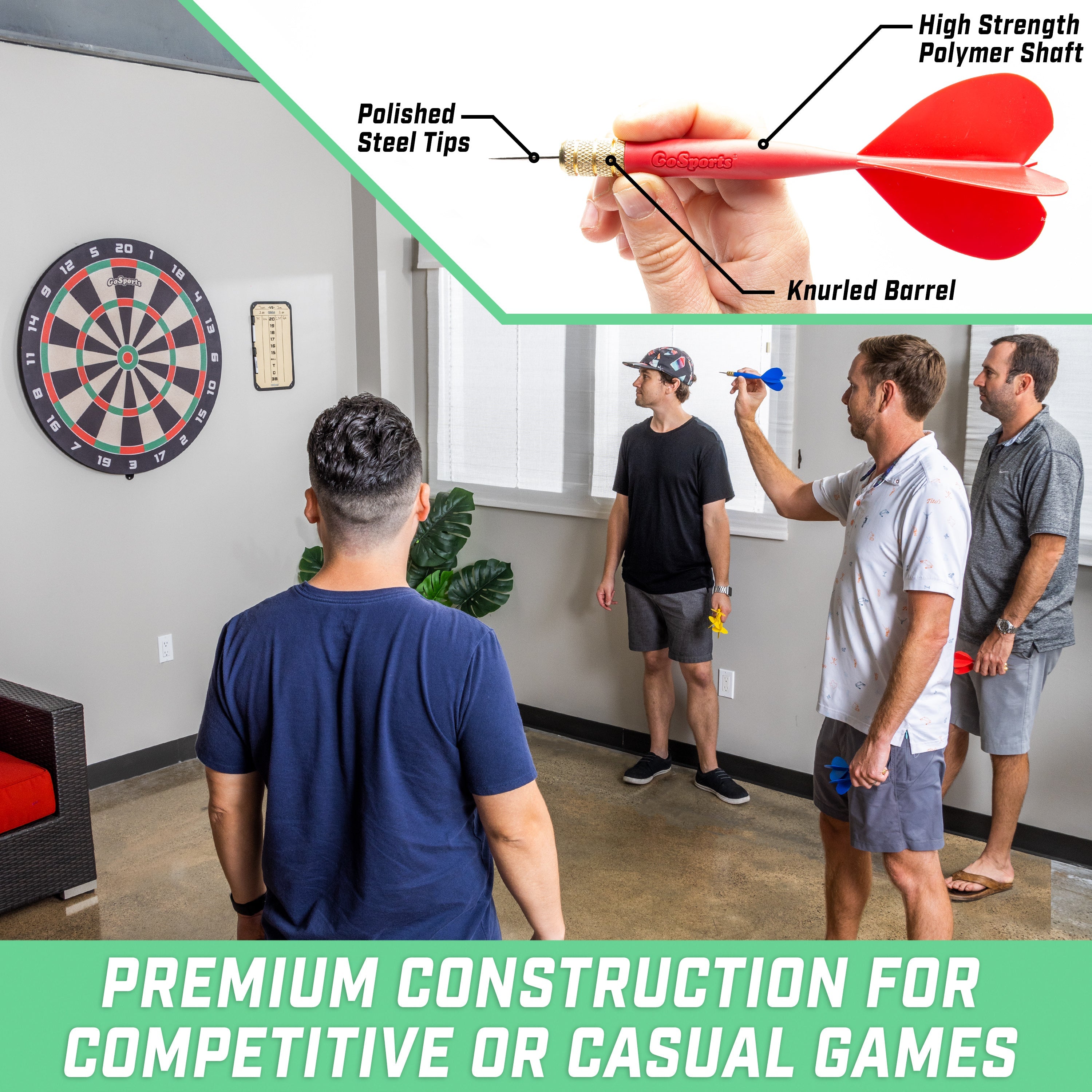 a man is holding a dart and pointing at a dart