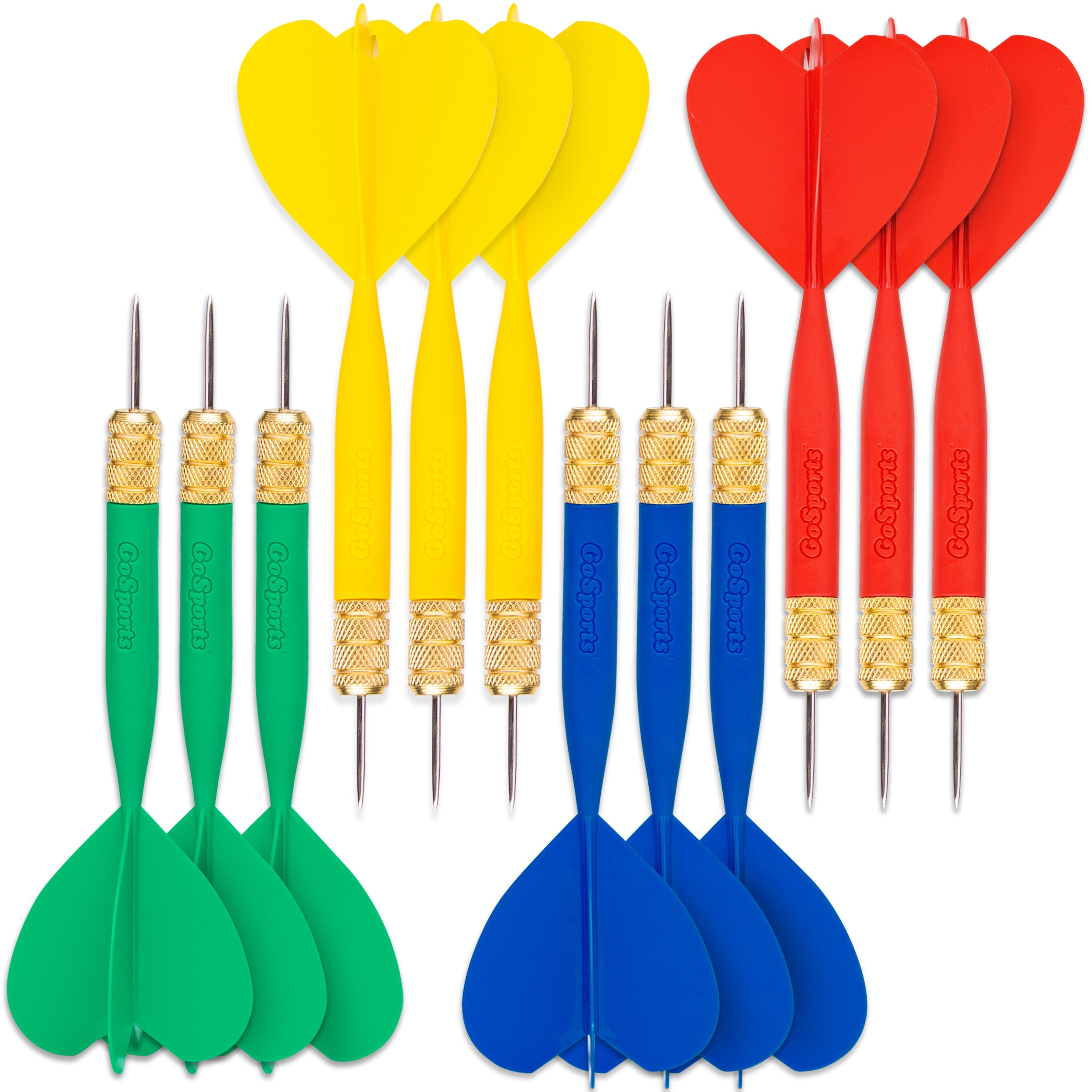 a set of four darts with different colors