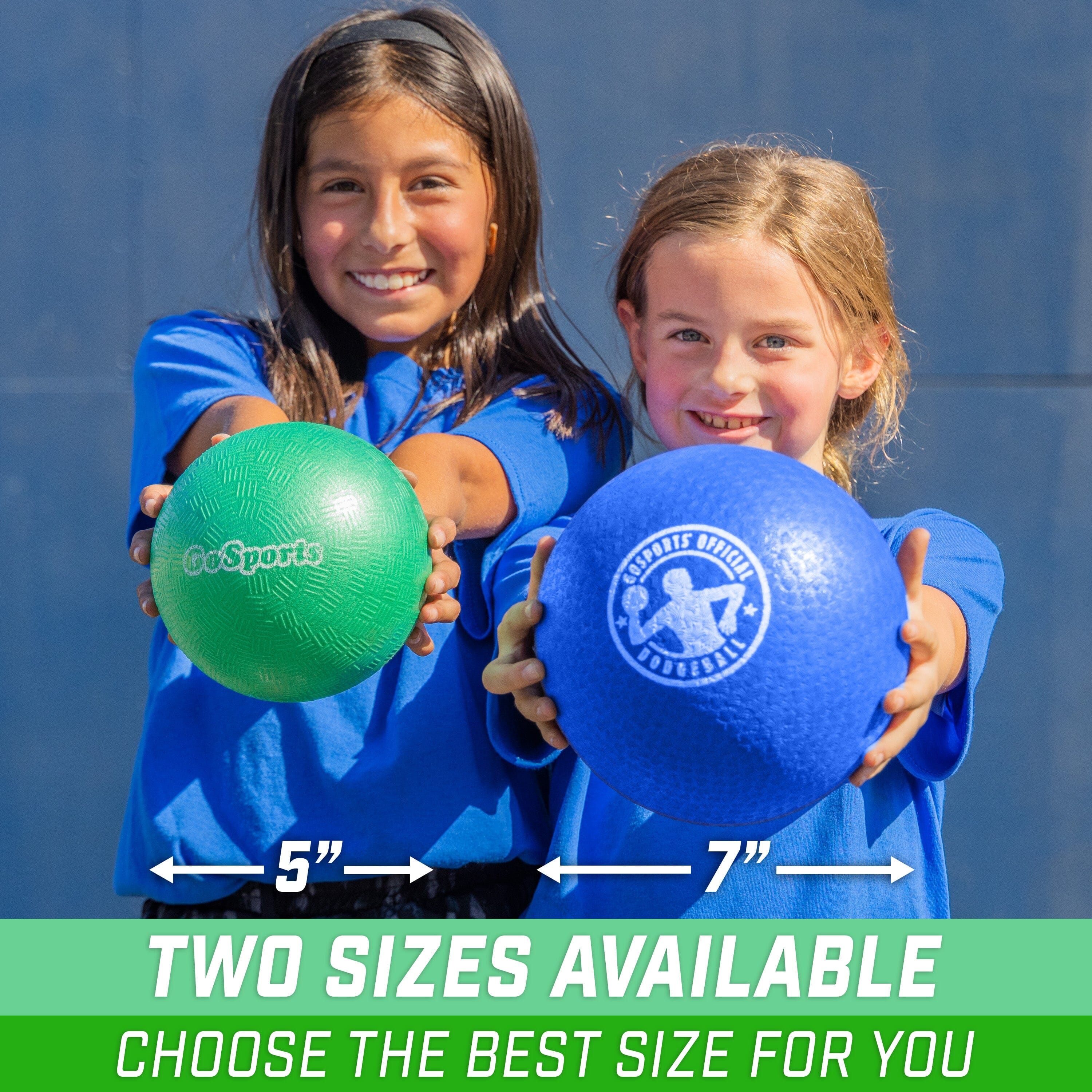 two girls holding two balls with the words two sizes available choose the best for you