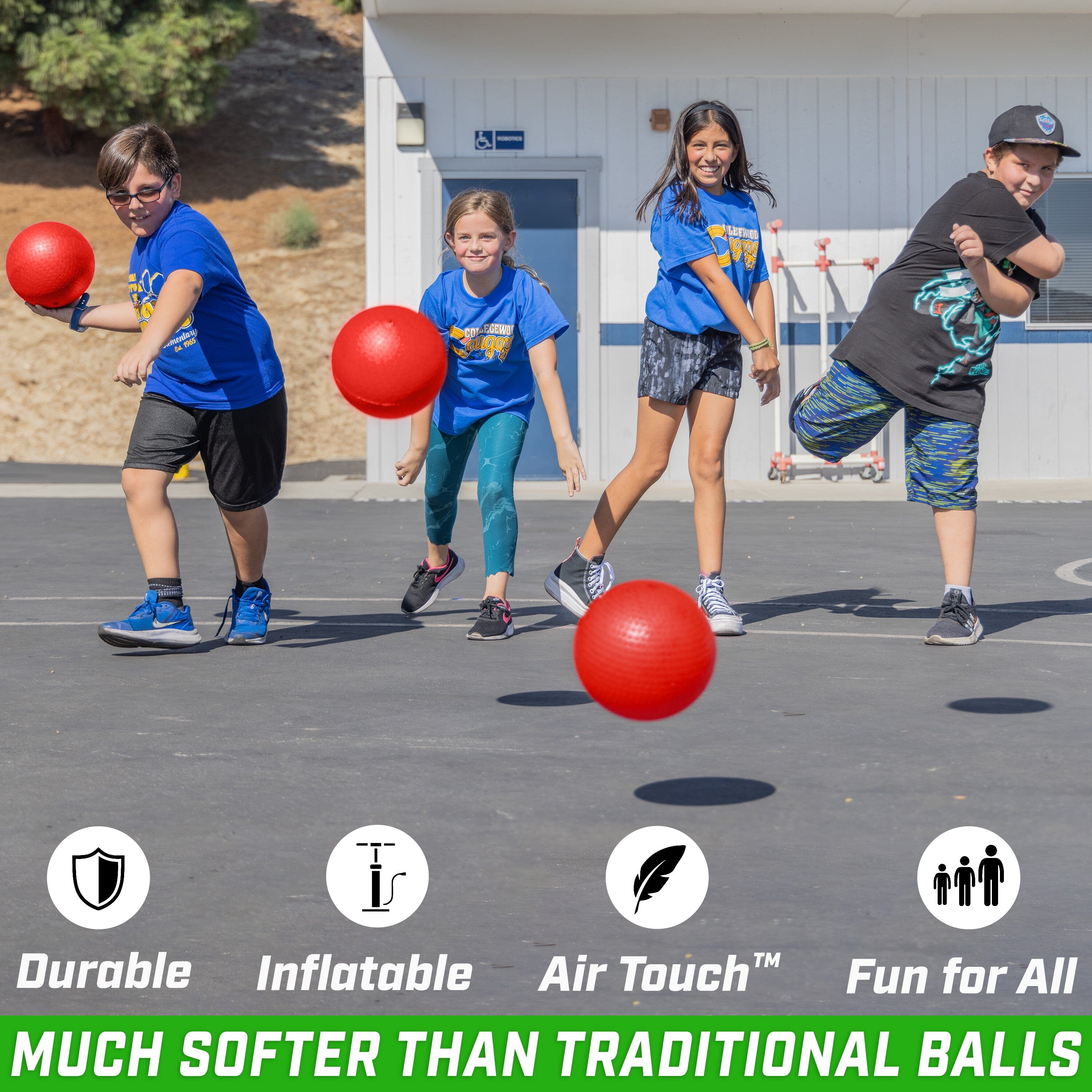 a group of kids playing with red balls