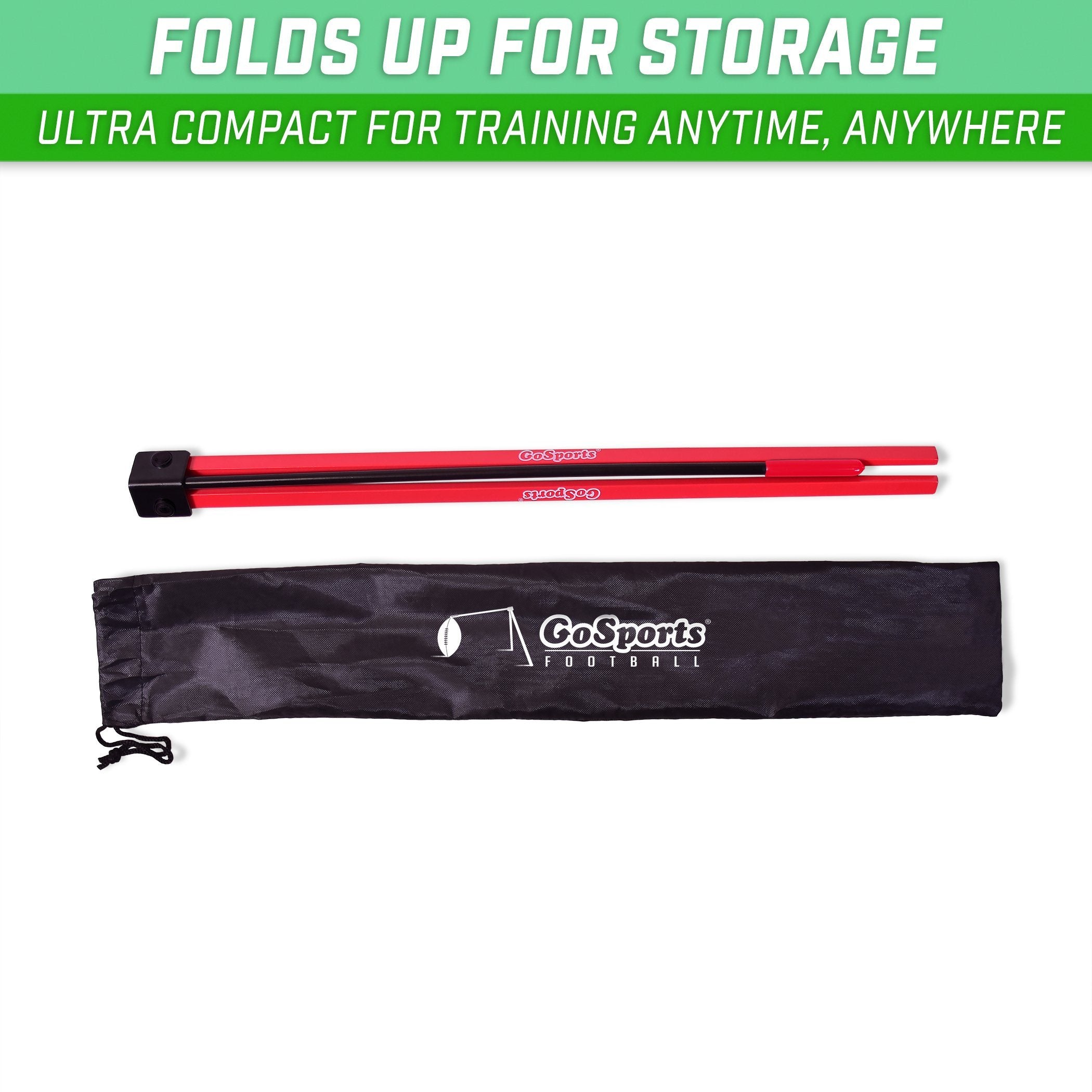 a black bag with a red handle and a white logo on it