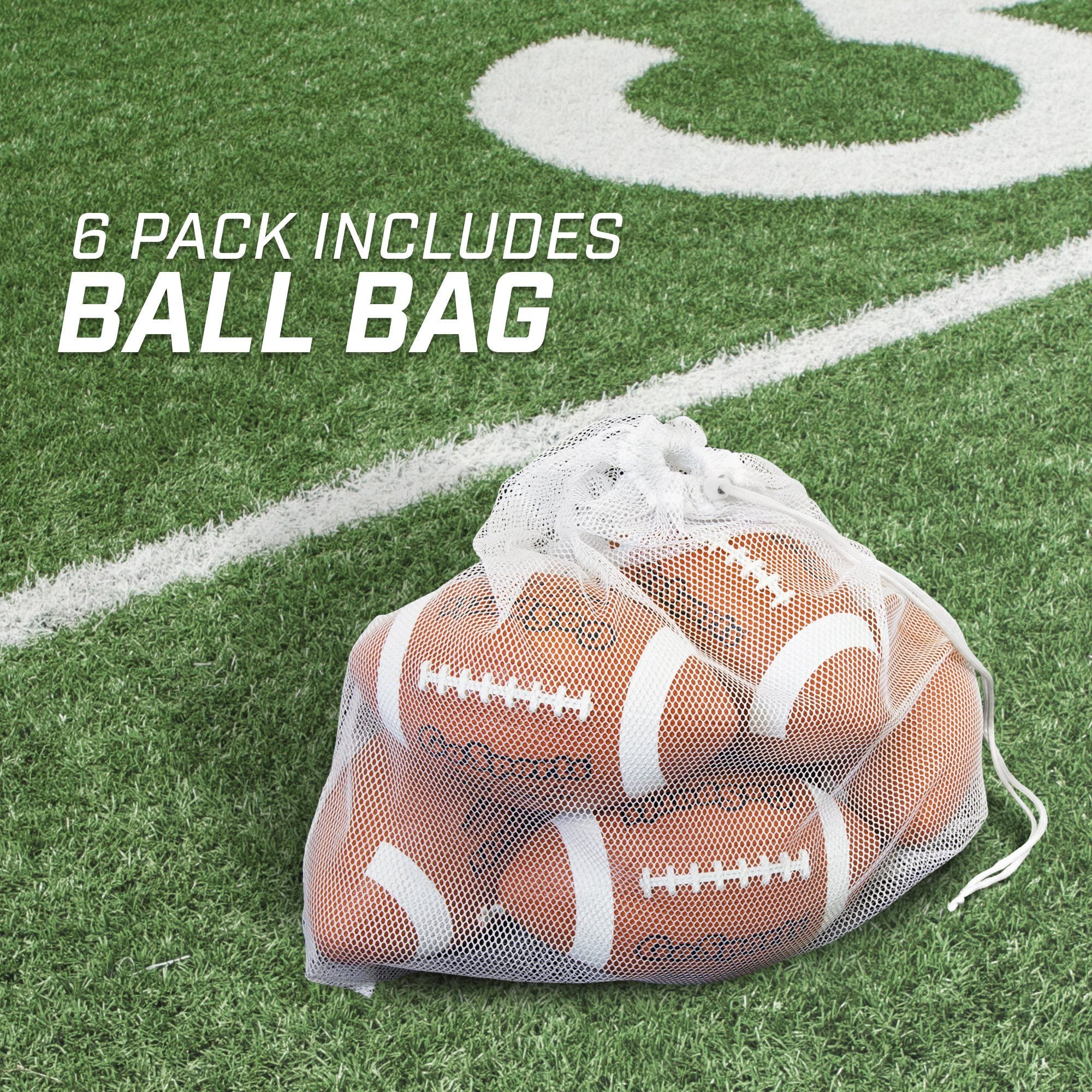 a football ball in a mesh bag on a field