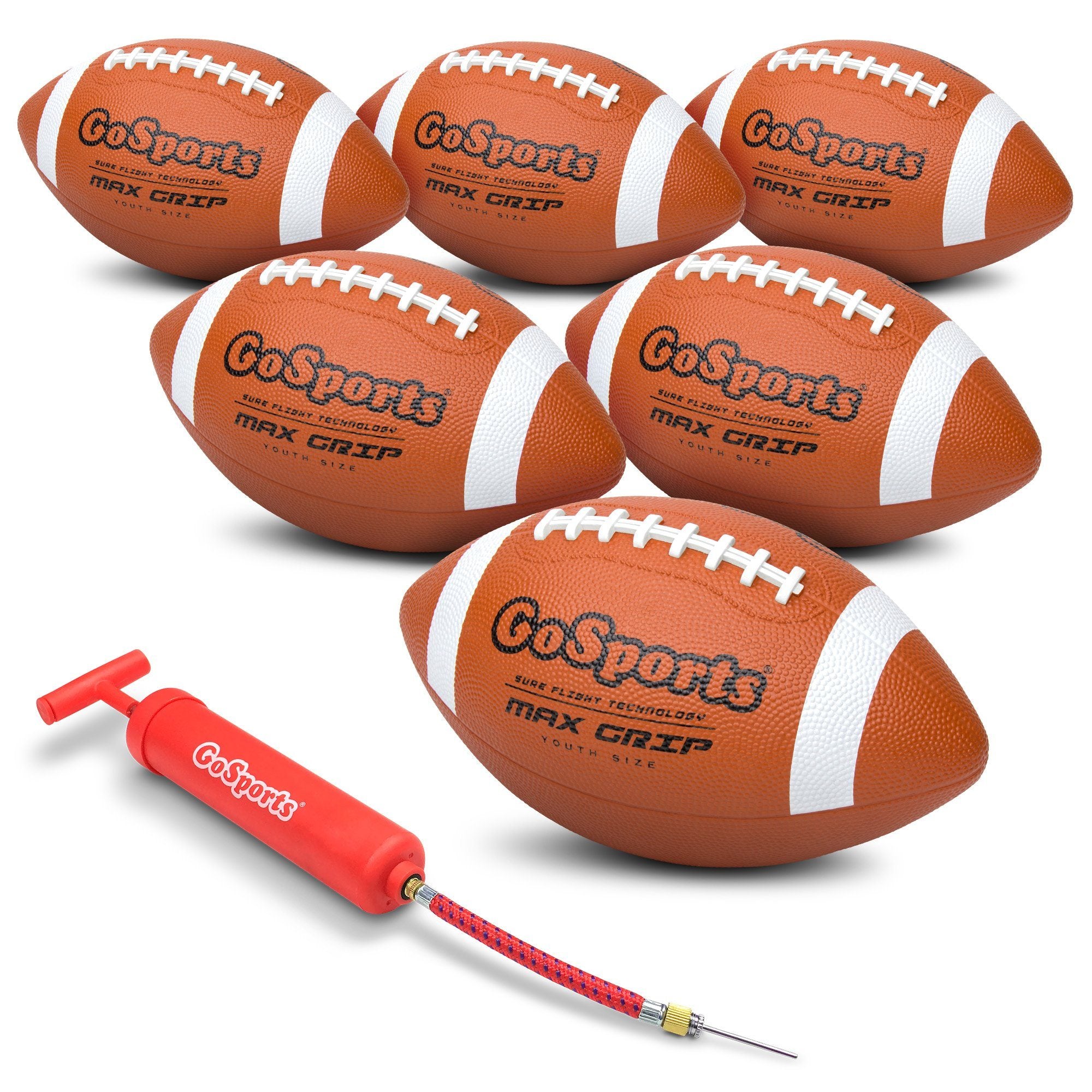 six footballs with a red marker and a white ball