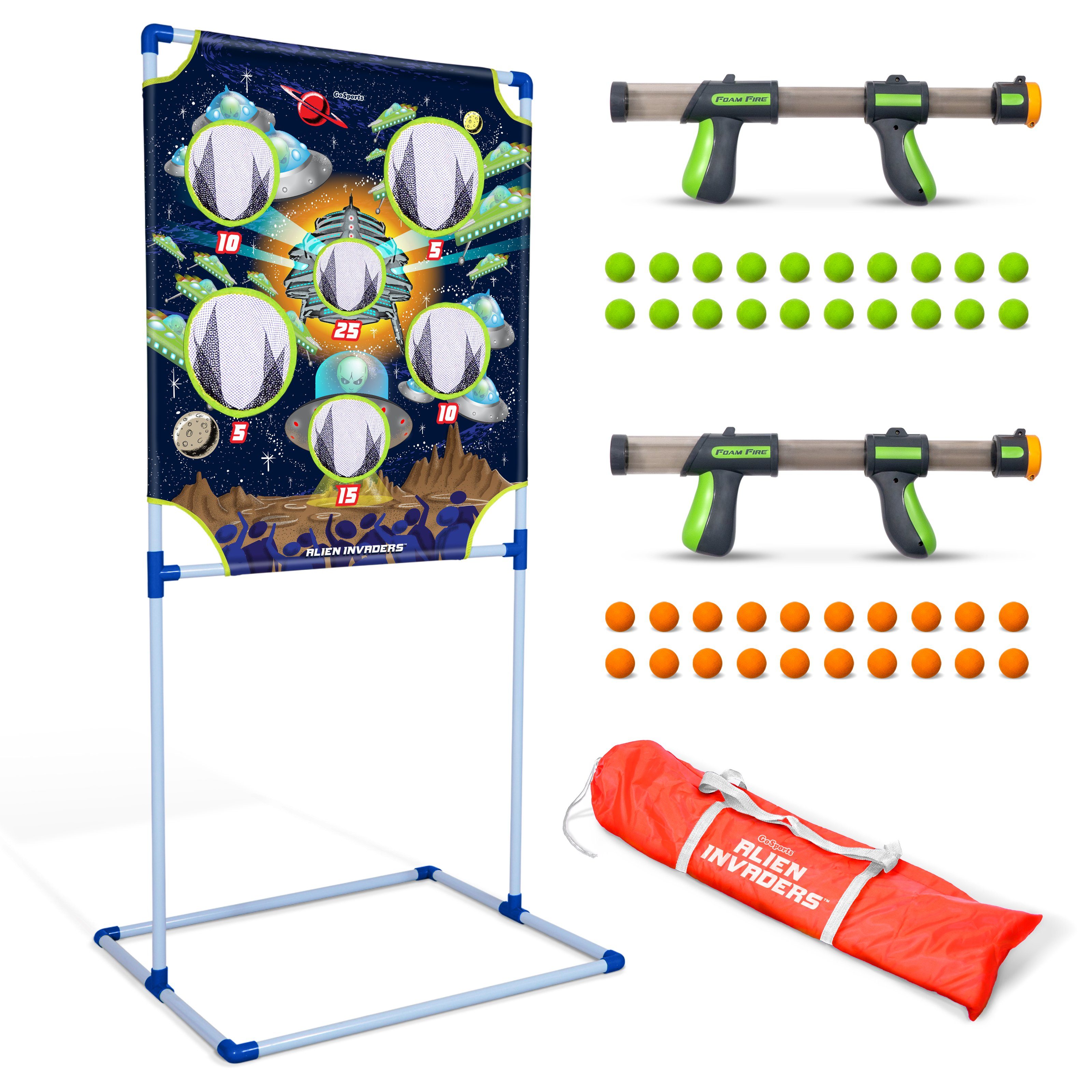 plastic guns orange balls green balls case words display alien invaders large plastic outerspace design