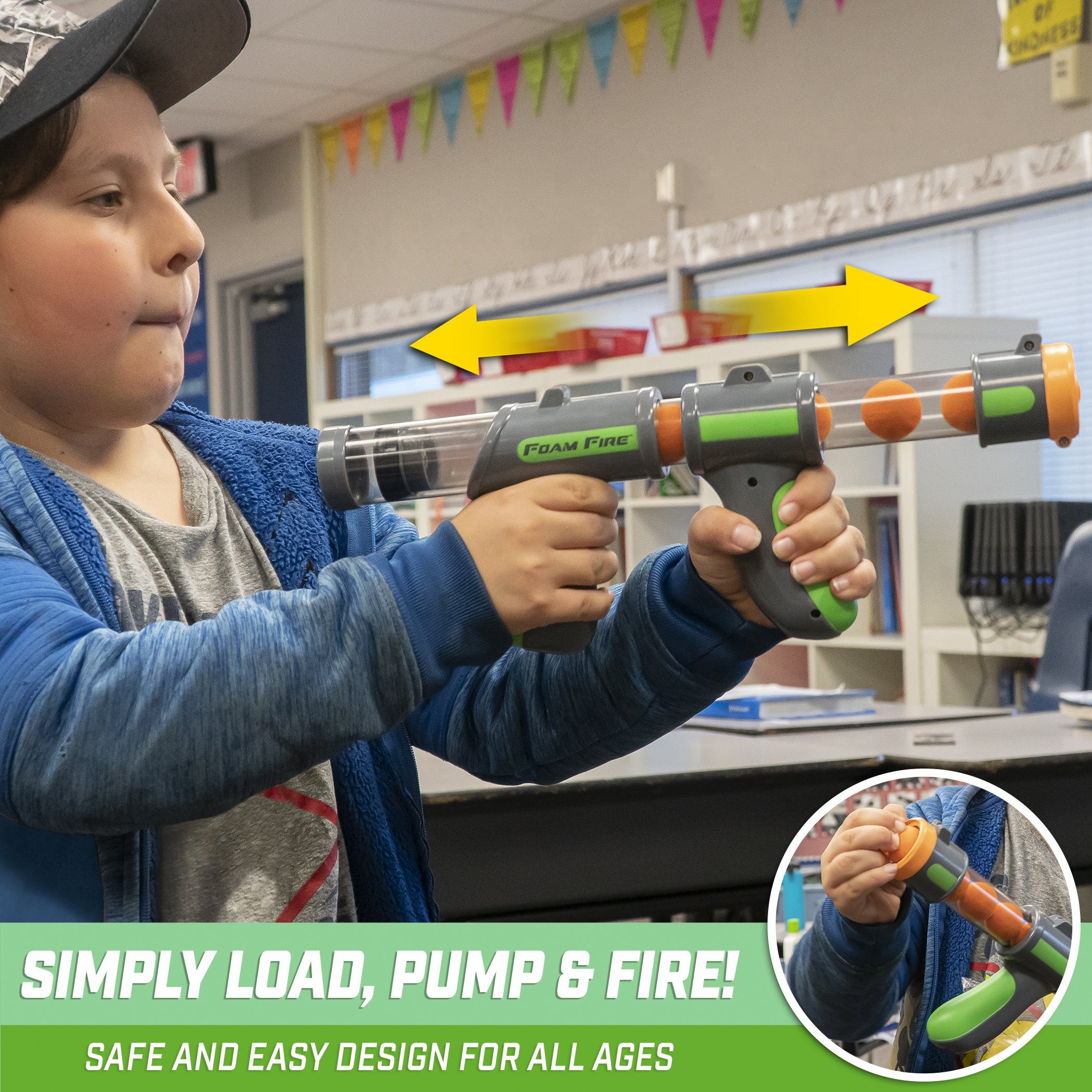 a young boy holding a toy gun in his hand