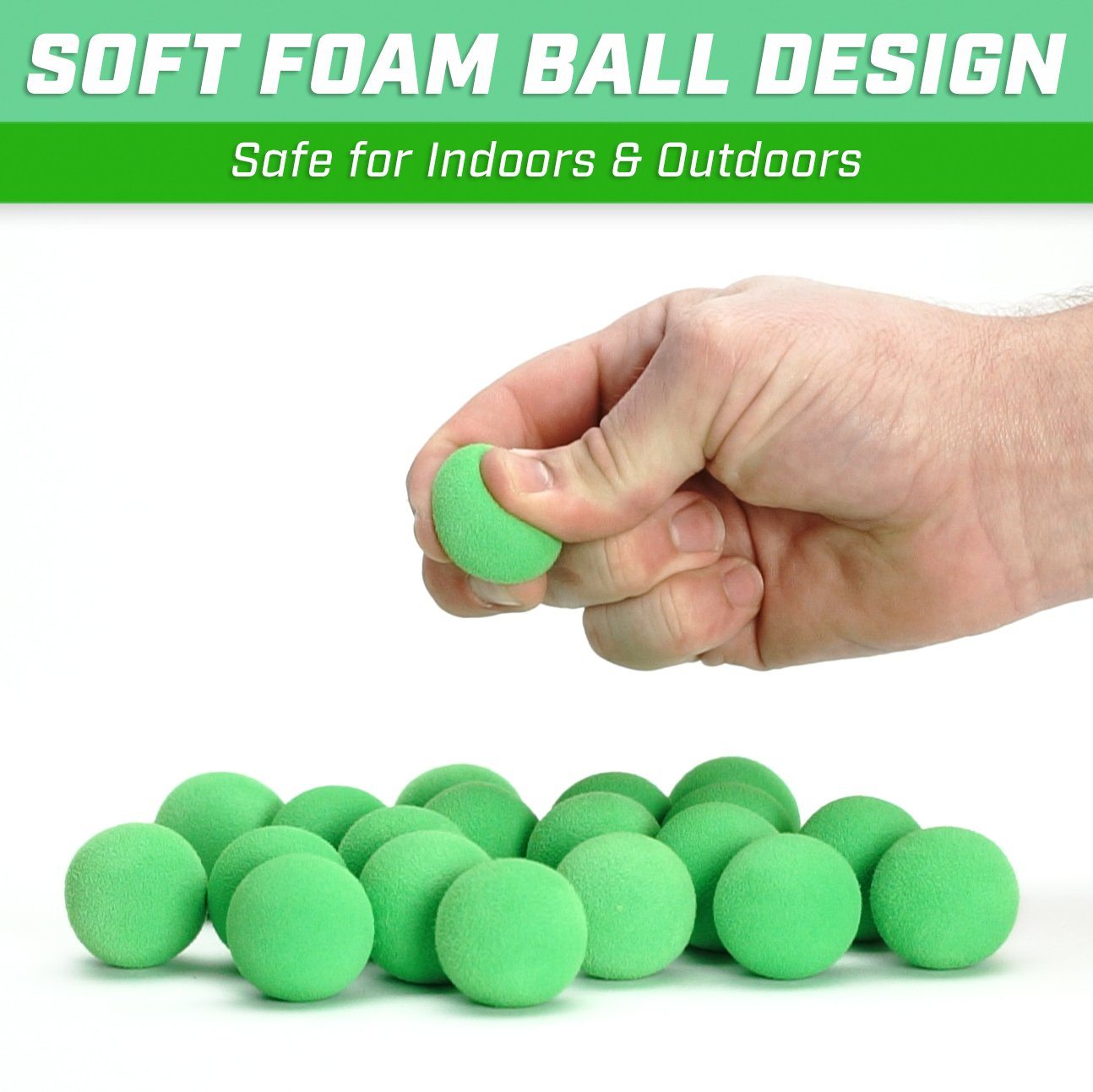 a hand holding a green foam ball with the words, soft foam balls