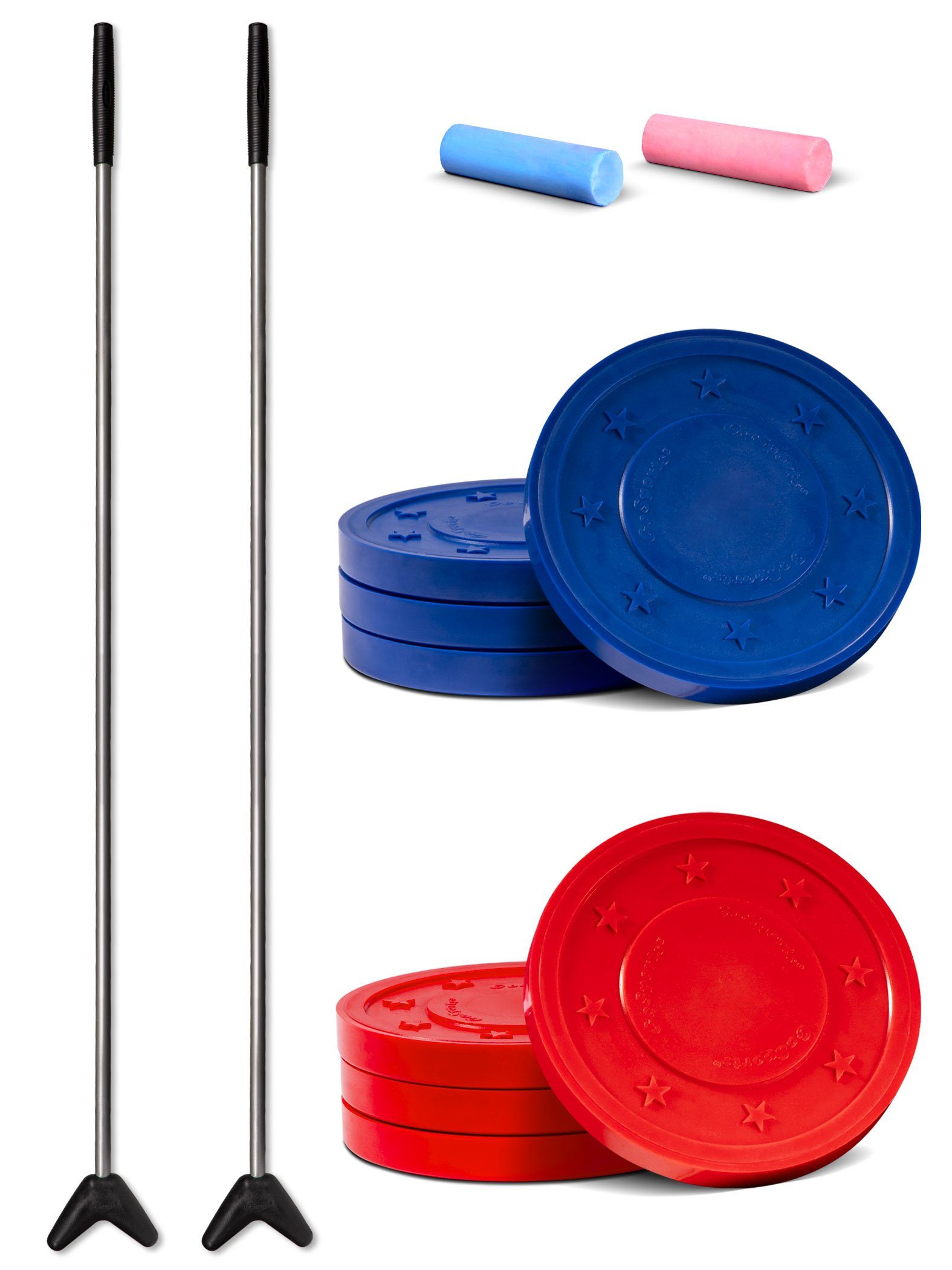 a set of three plastic hockey pucks and a hockey stick