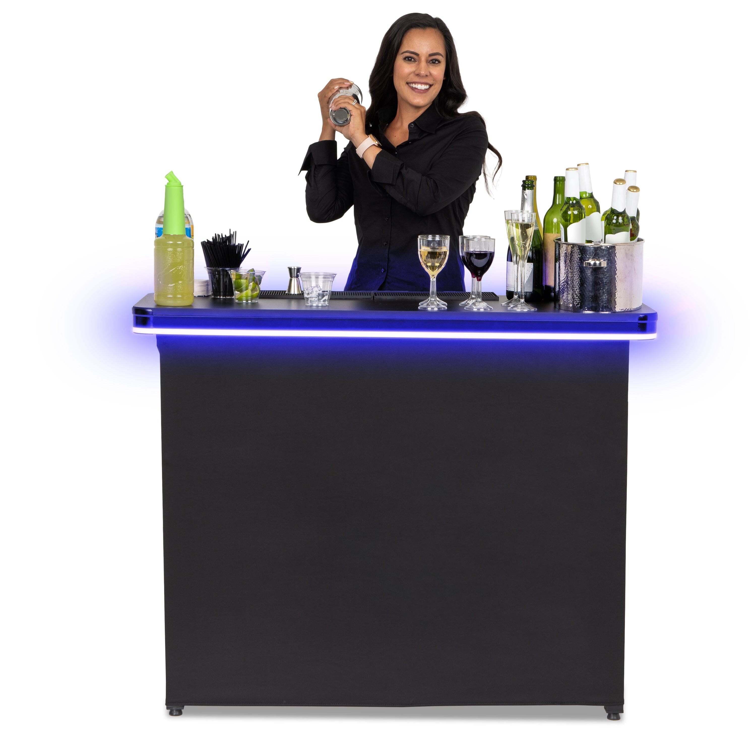 a woman standing behind a bar with a drink