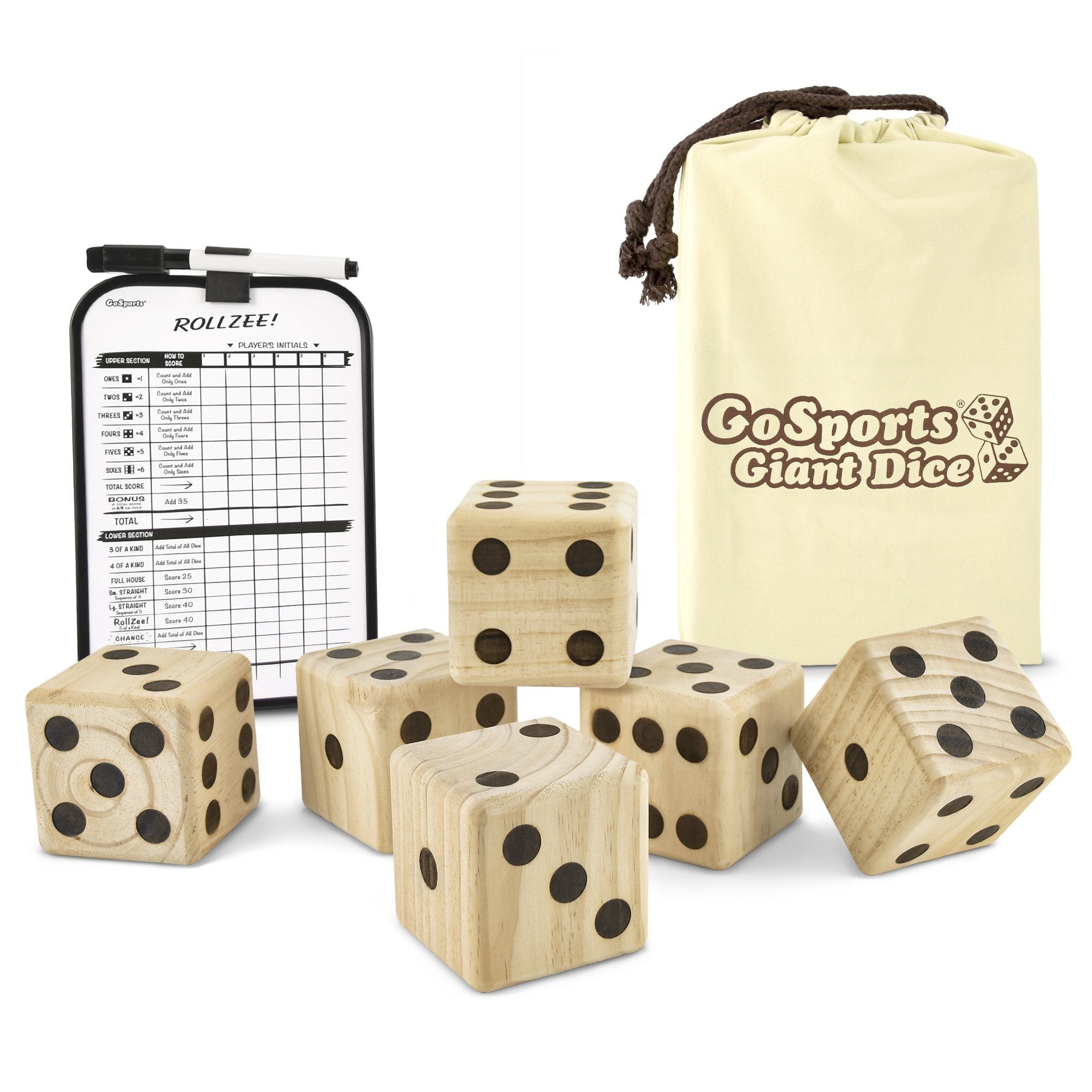 a bag of wooden dice with a bag of dice