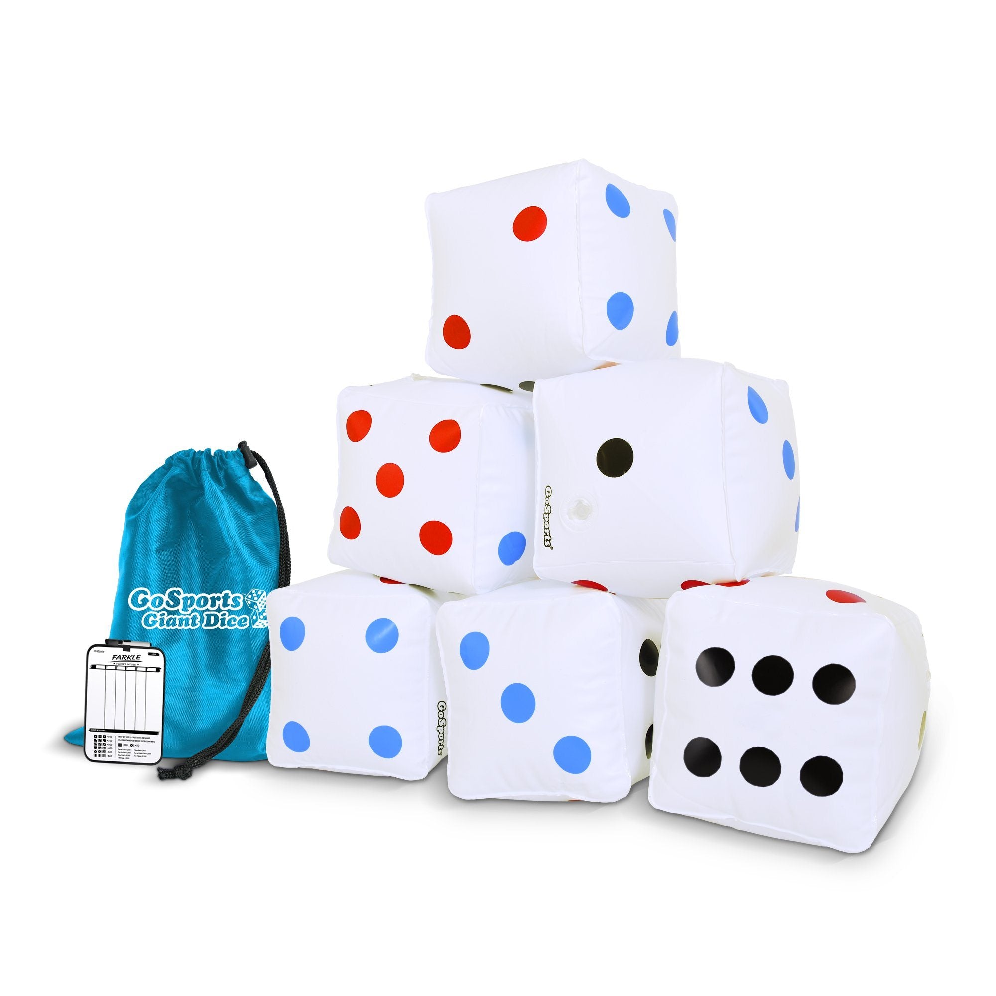a pile of dice with a bag in the background
