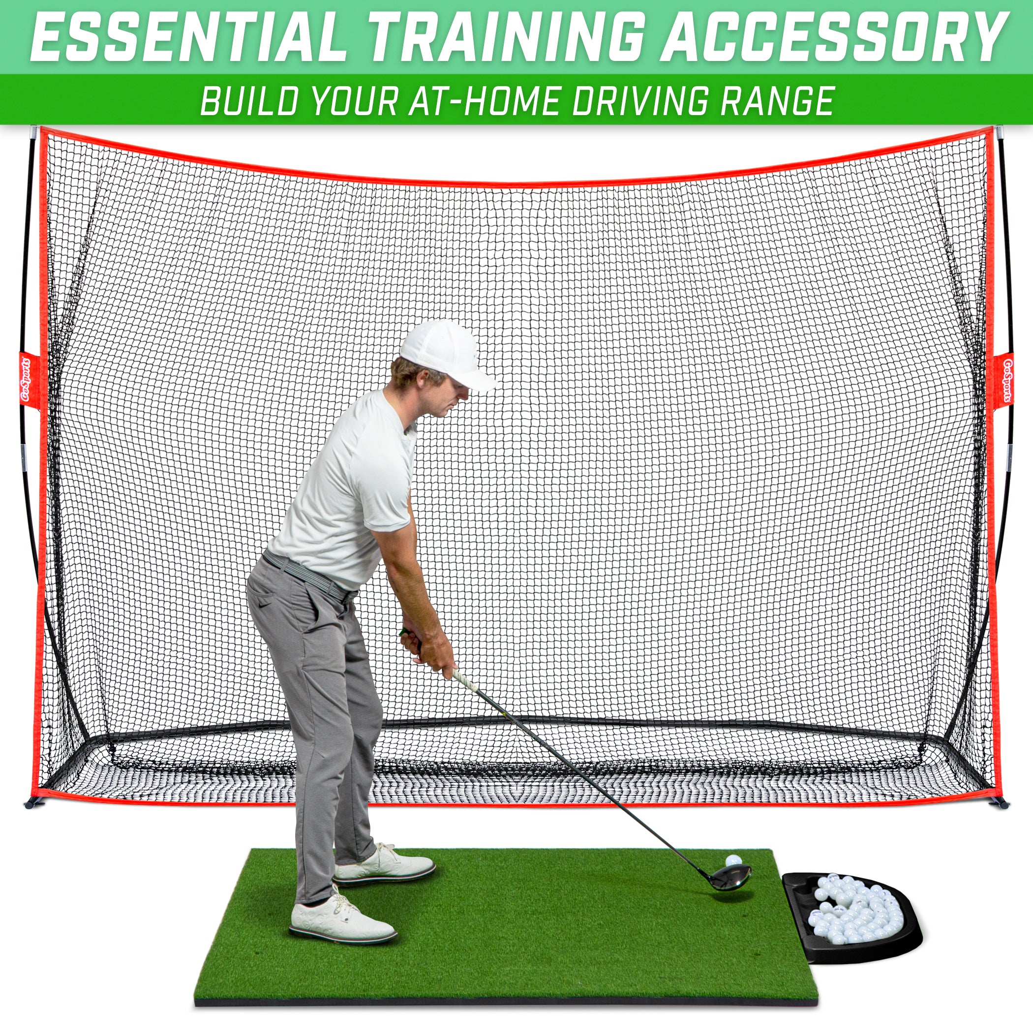 a man hitting a golf ball on a golf net