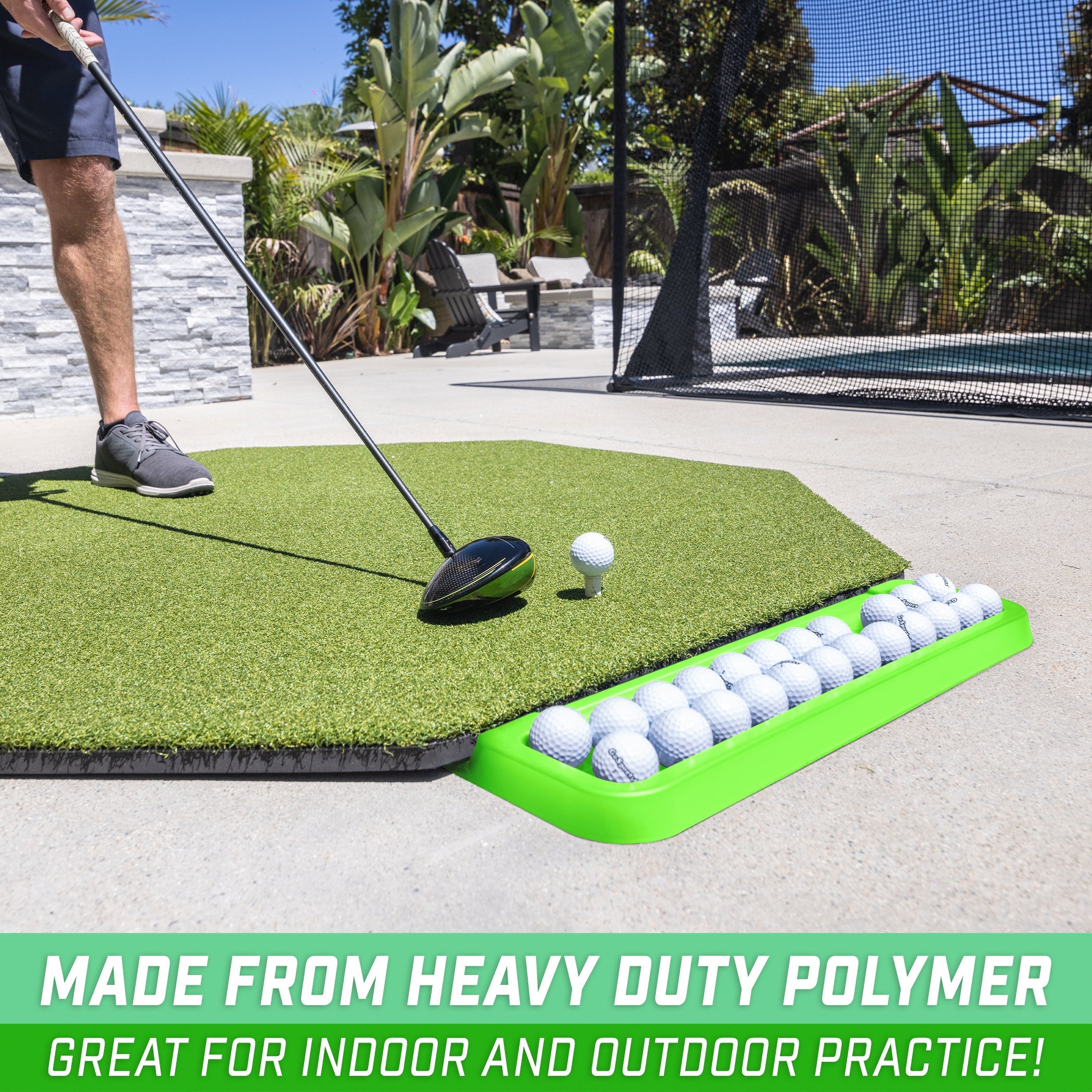 a man putting golf balls on a putting mat