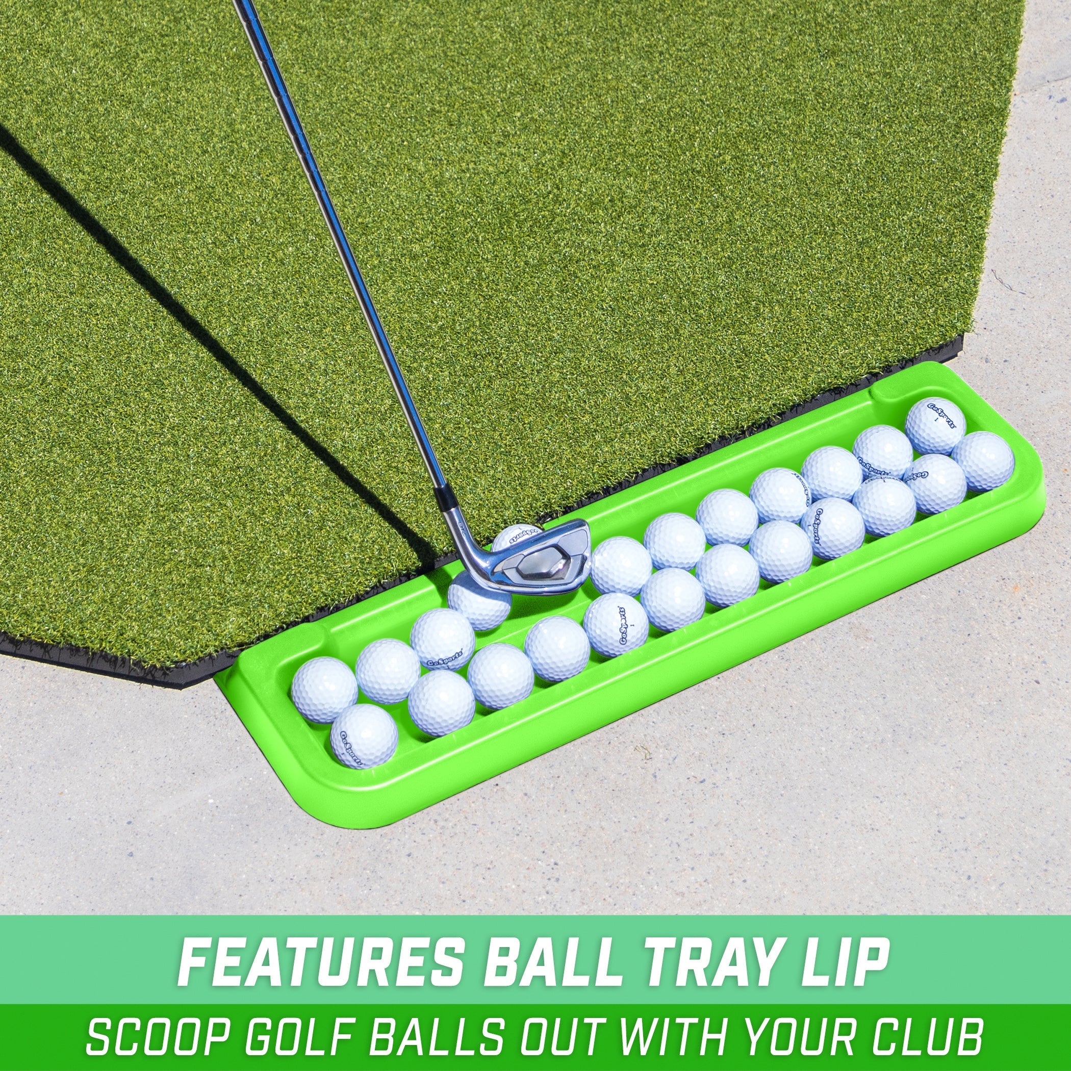 a golf ball and tees on a green mat with the words, features golf balls with your