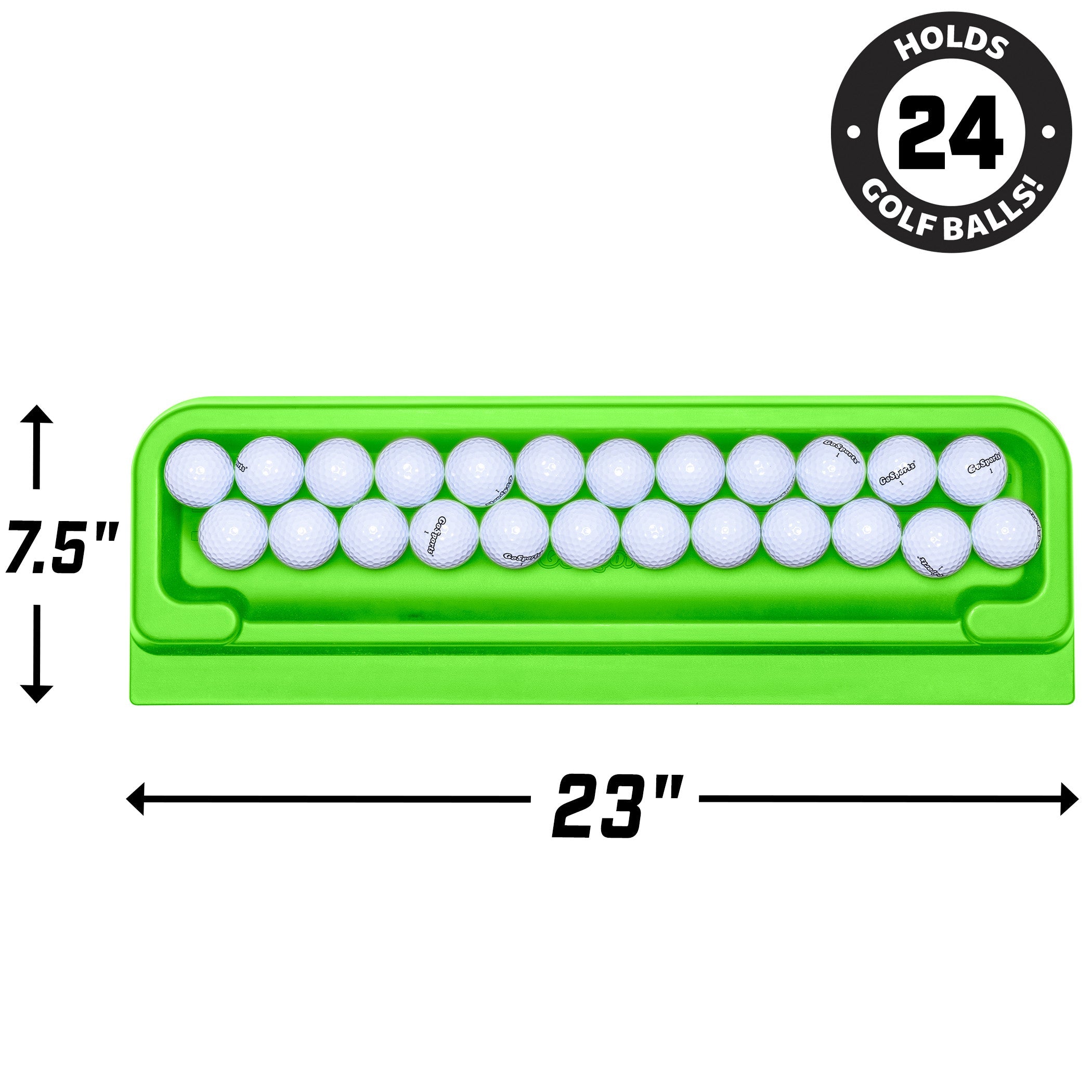 a green tray with golf balls in it