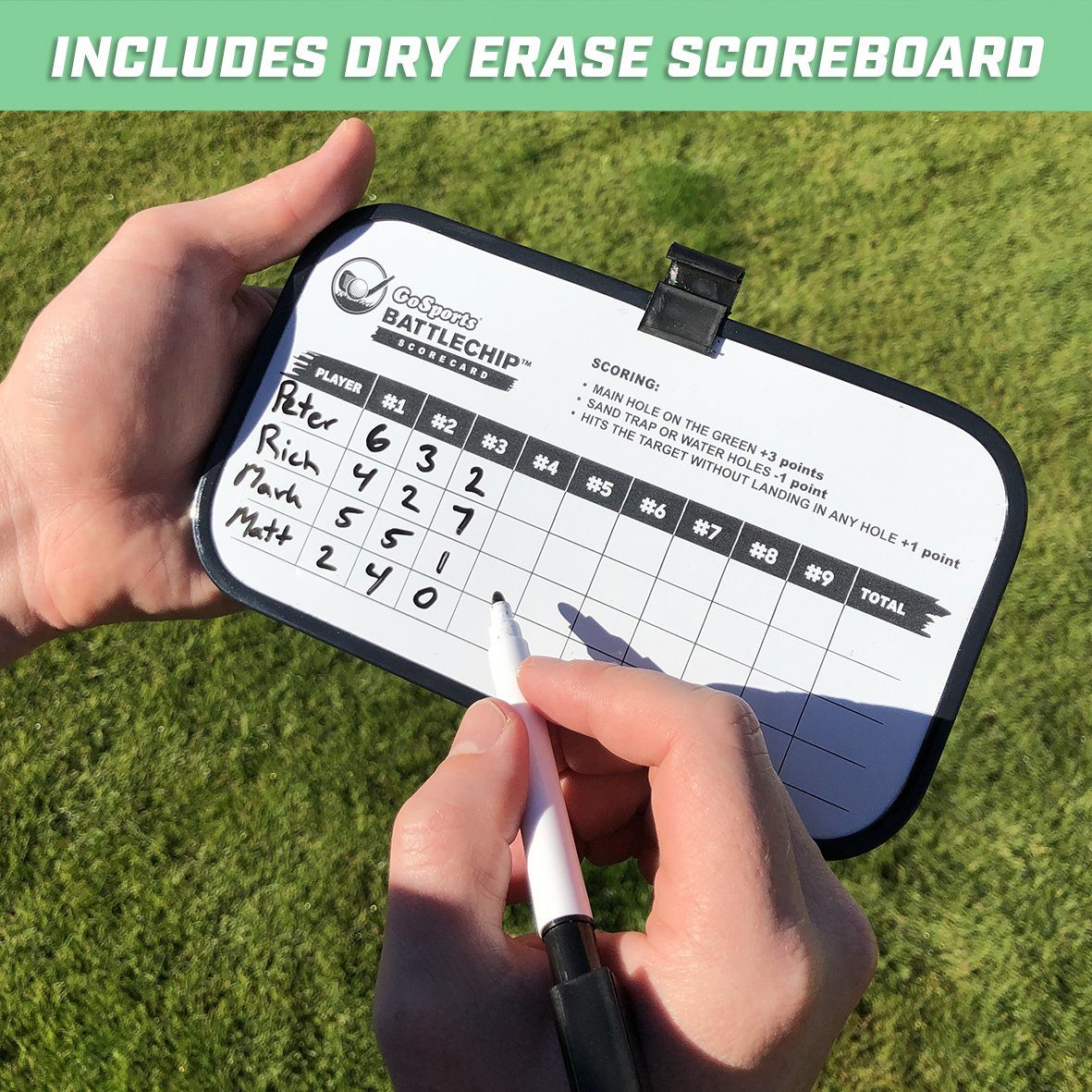 a person holding a white marker and writing on a green lawn