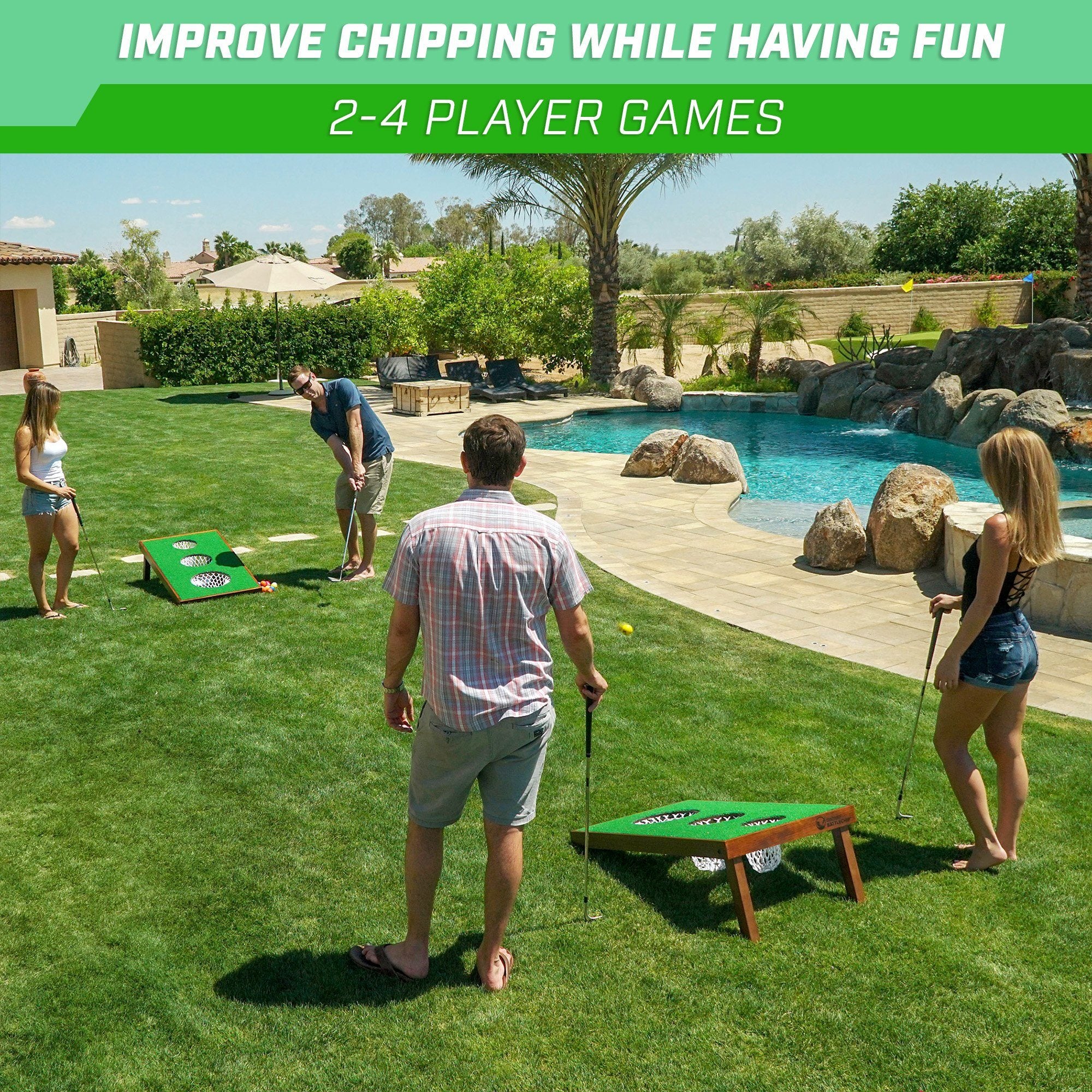 a group of people playing golf in a backyard