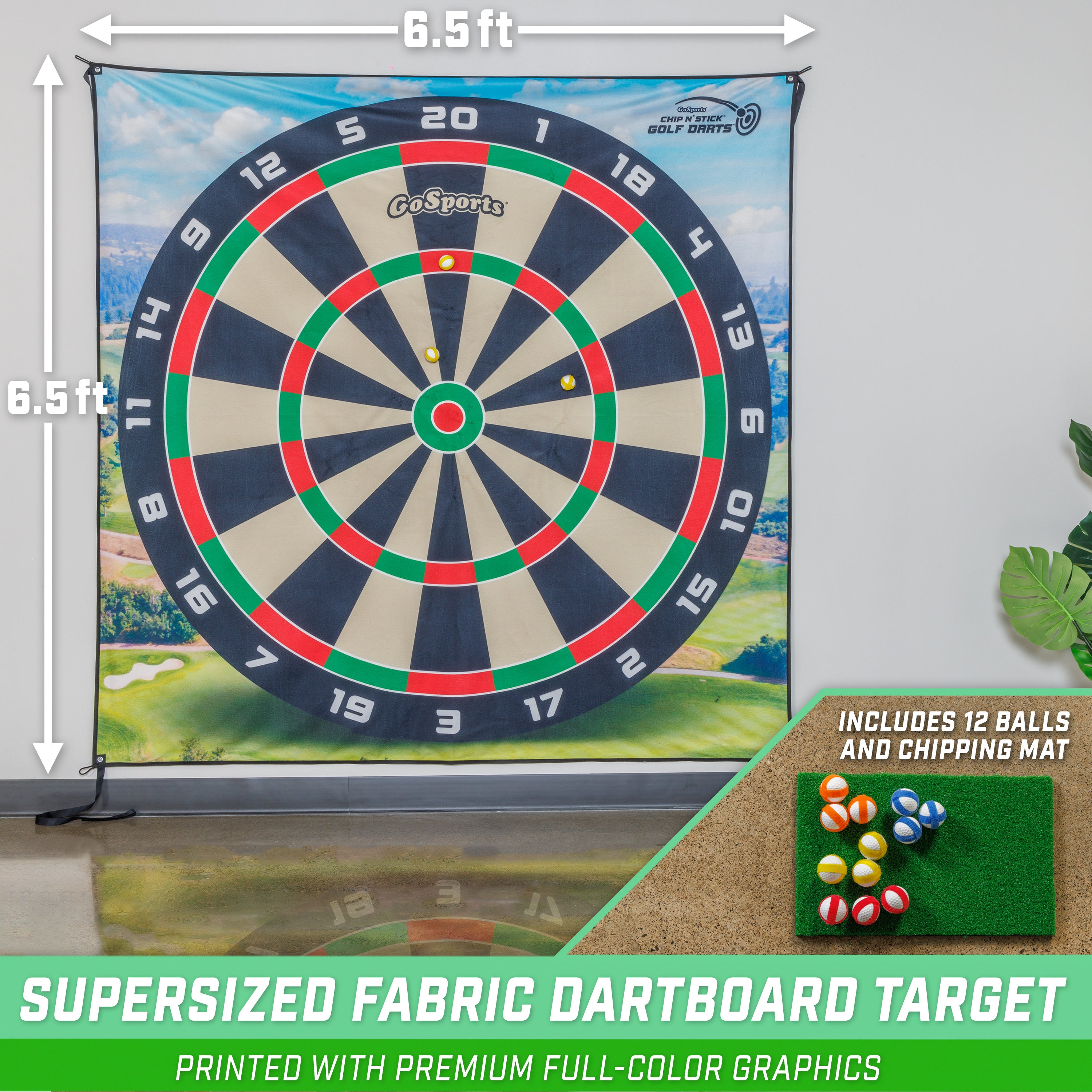 a dart board with a dart and a green ball