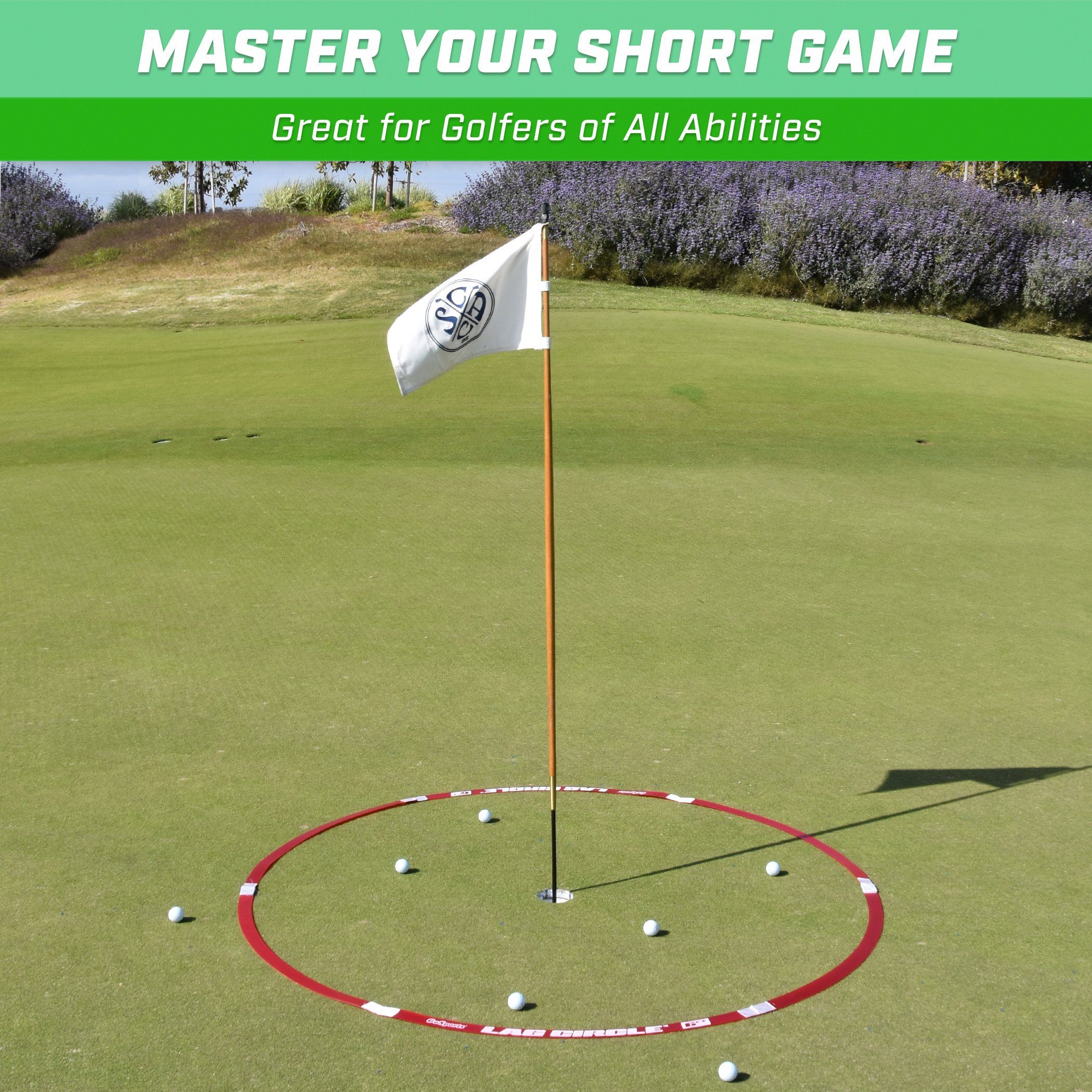 a golf ball on a green with a flag and a hole in the middle