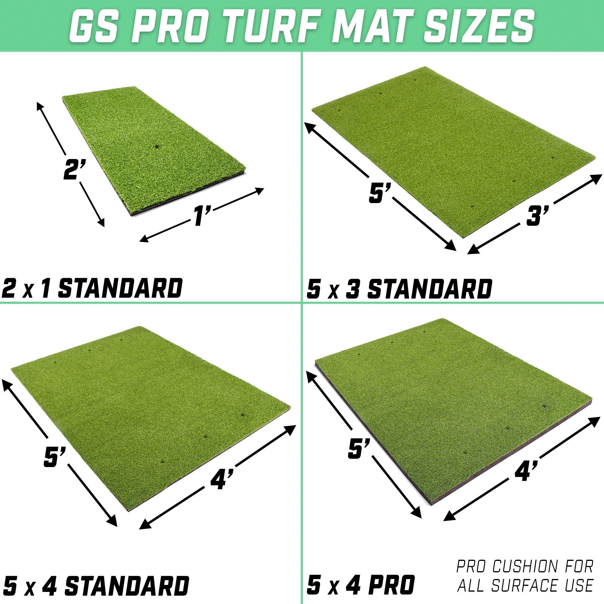 the 5x4 ' ' square grass mat is shown in four different sizes
