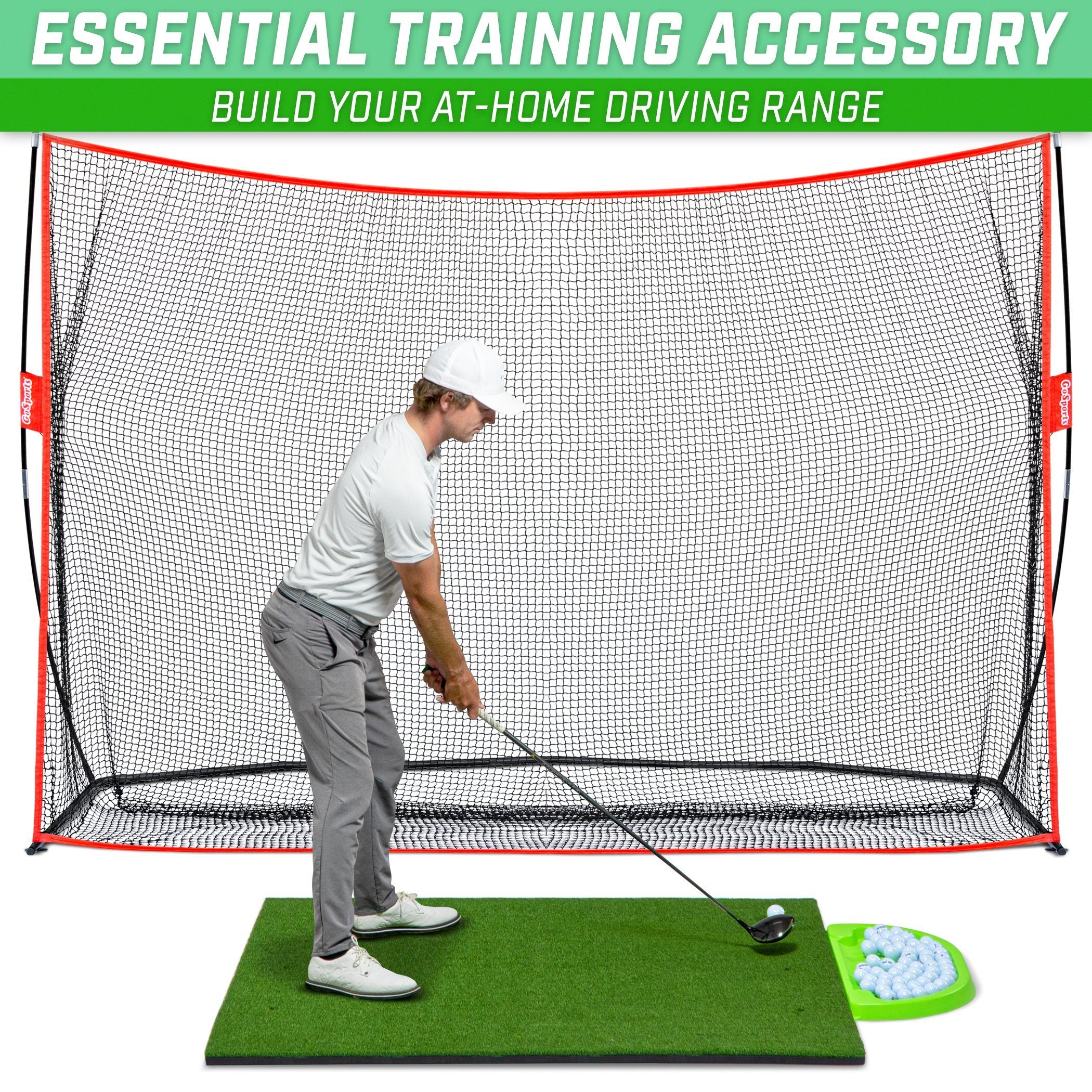 a man hitting a golf ball on a golf net