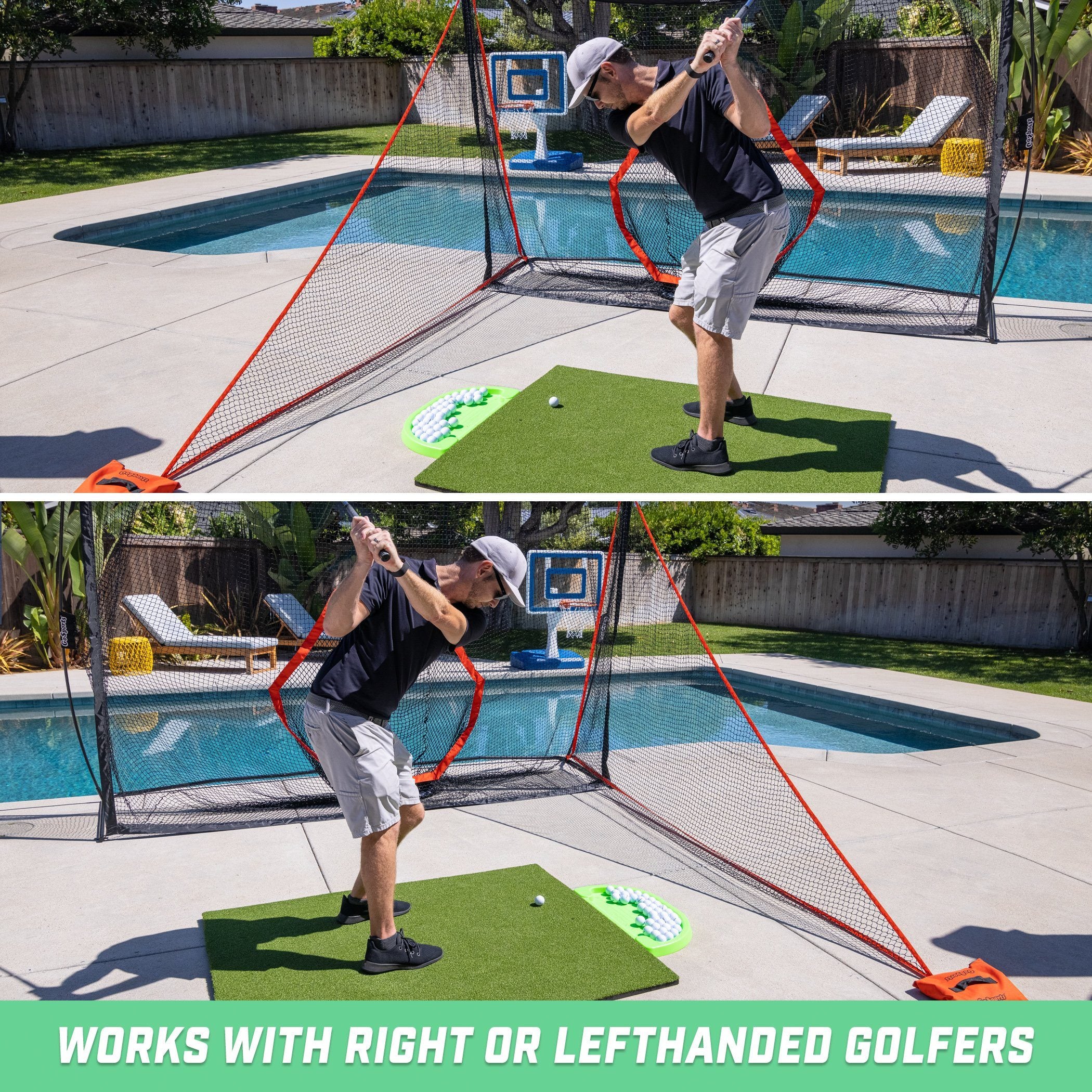 a man is playing with a net in a pool