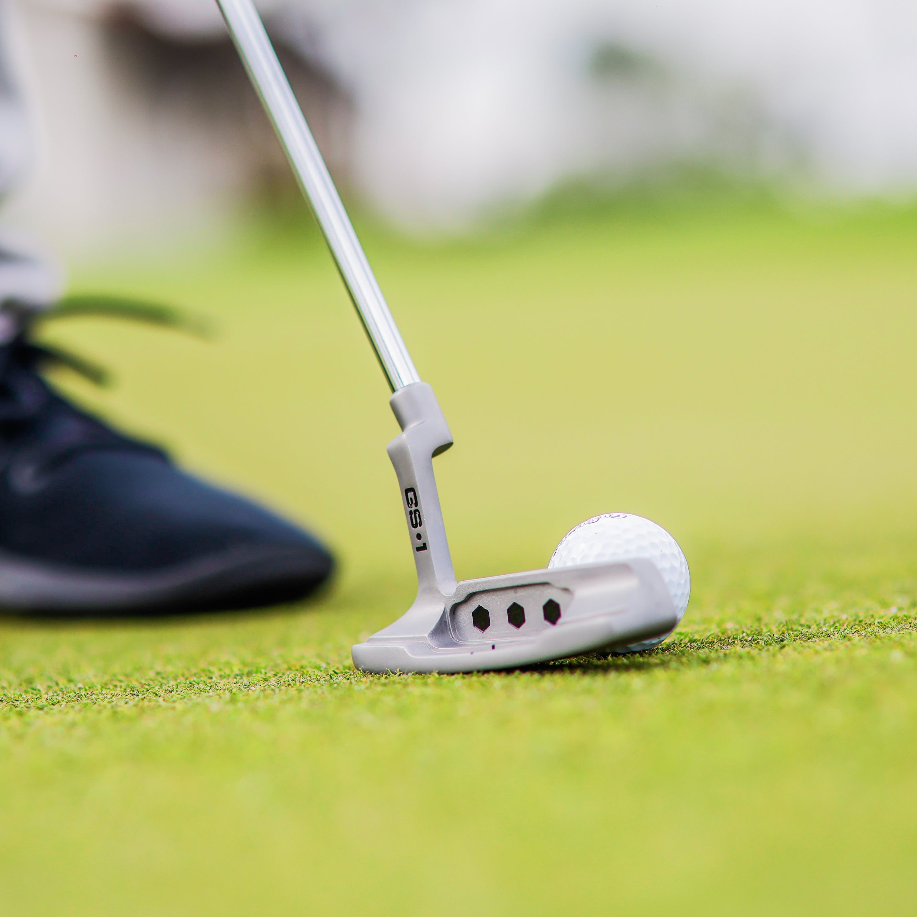 a close up of a golf ball and putter
