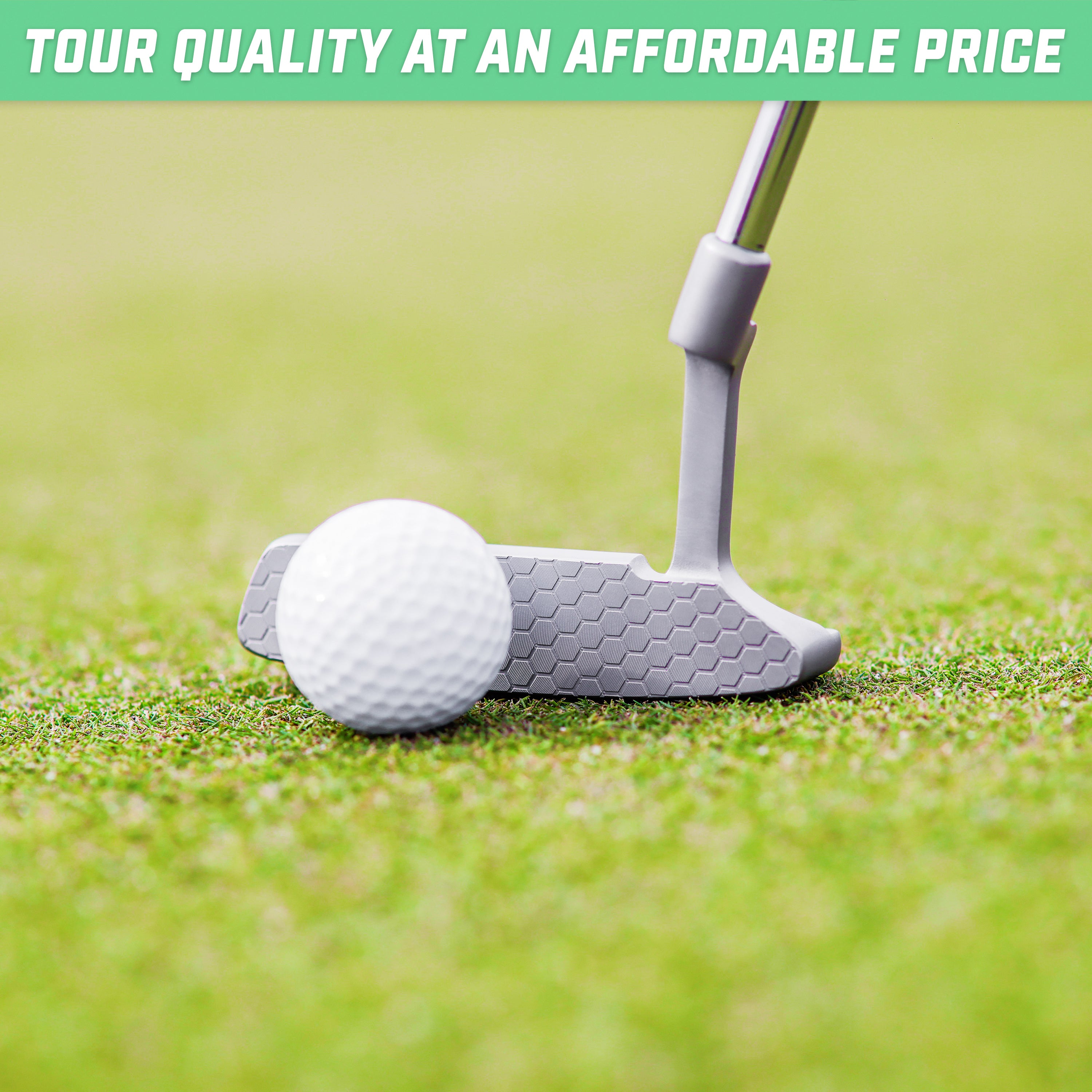 a golf ball and putter on a green field