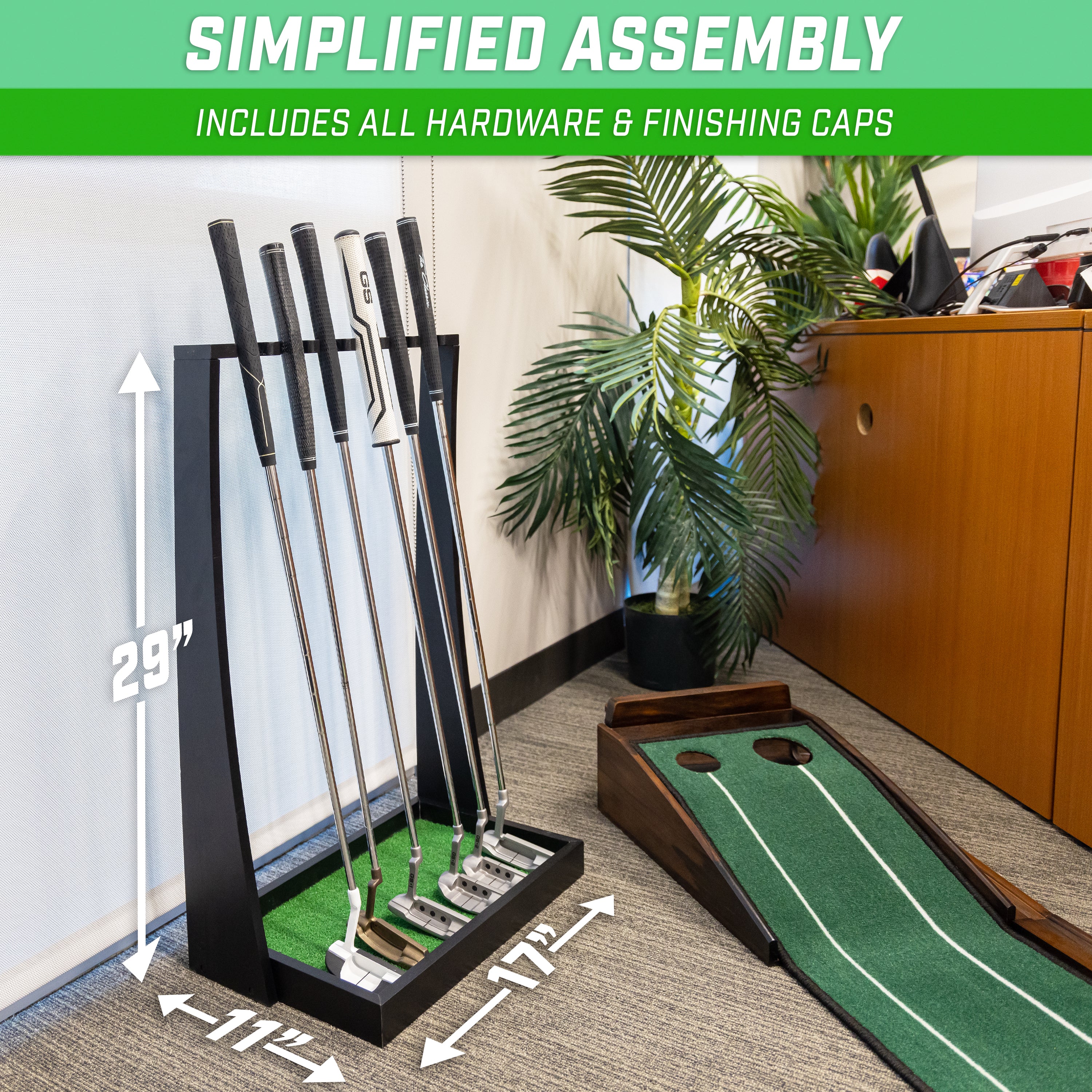 a golf putting mat with a golf ball and a golf club